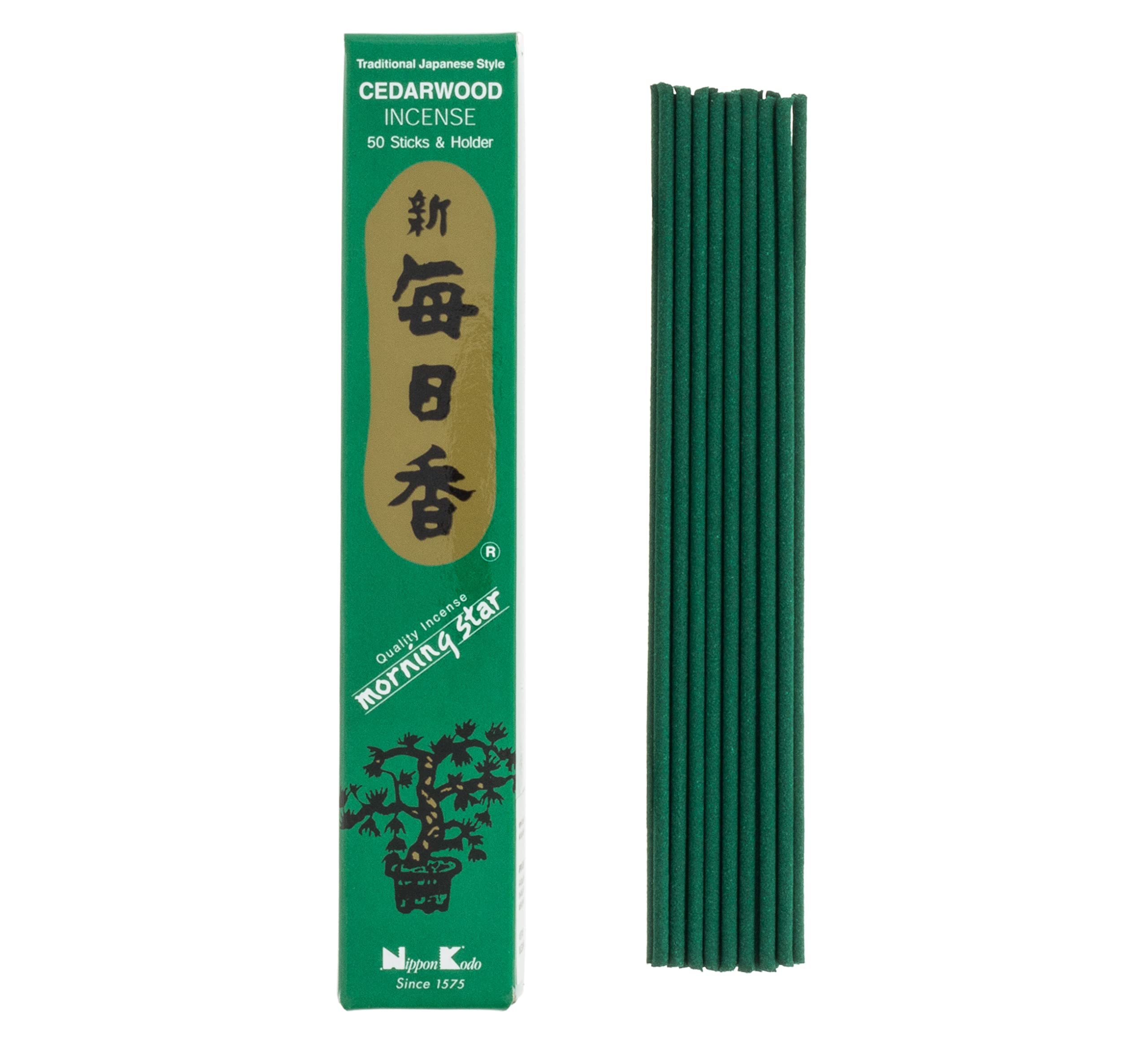 Morning Star Incense Cedarwood, 50 Sticks with Ceramic Incense Holder, Key Note: Cedarwood, Japanese Style Incense, Nippon Kodo