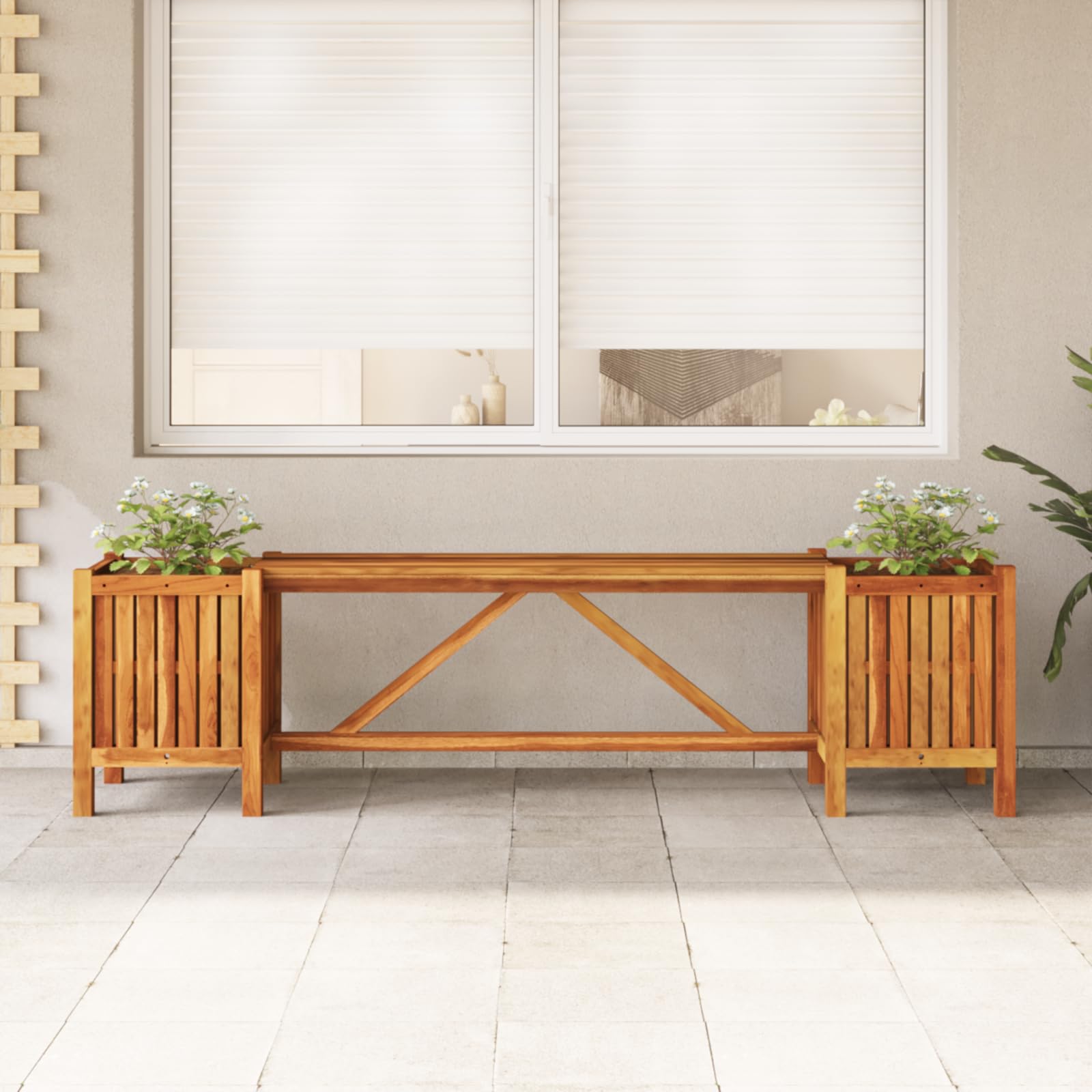 vidaXL Patio Bench with Integrated Flower Planters, Solid Acacia Wood, Light Oil Finish, Weather-Resistant, Ideal for Outdoor Garden, Patio, or Deck