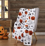 Serafina Home Halloween Blanket Throw: Fuzzy Boo! Jack O'Lantern Spider Webs Skull And Black Cats Print On Velvet Fleece For Sof