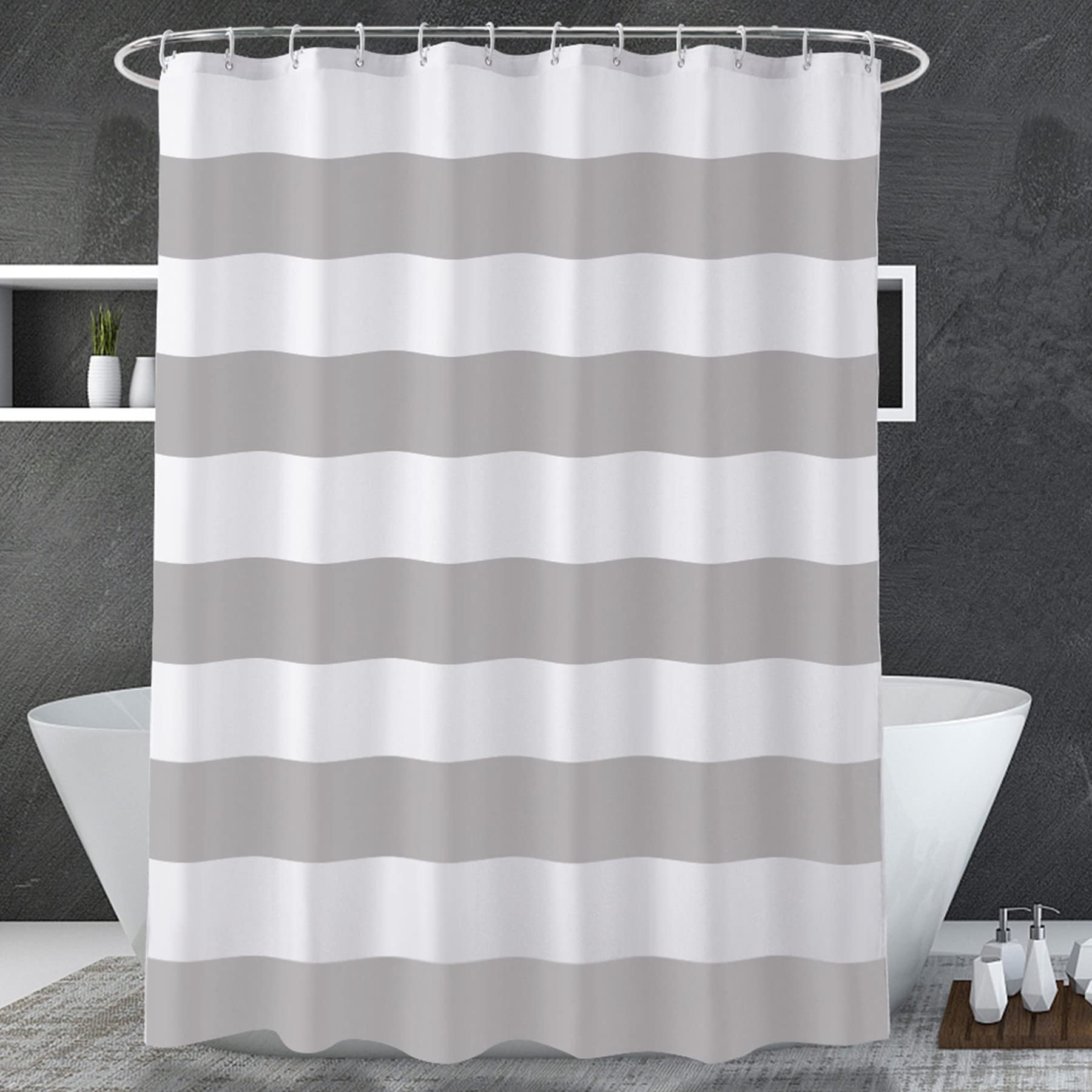 Amazerbath Grey And White Shower Curtain Waterproof, Grey Shower Curtain Striped 72' W X 72' H, Fabric Shower Curtain For Bath