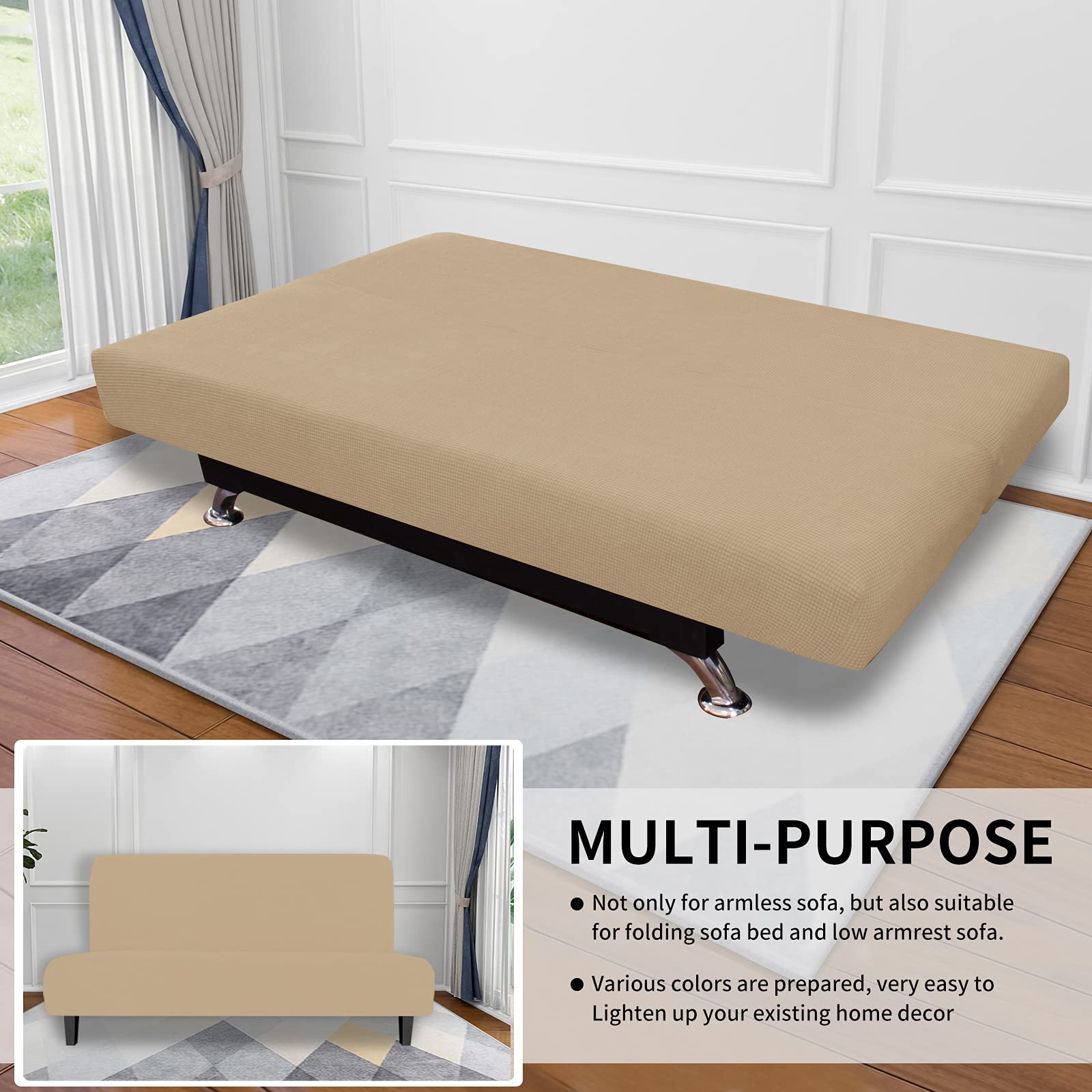 Easy-Going Stretch Futon Slipcover Armless Futon Bed Cover Furniture Protector Without Armrests With Elastic Bottom For Kids, Soft Jacquard Fabric Small Checks (Medium, Sand)