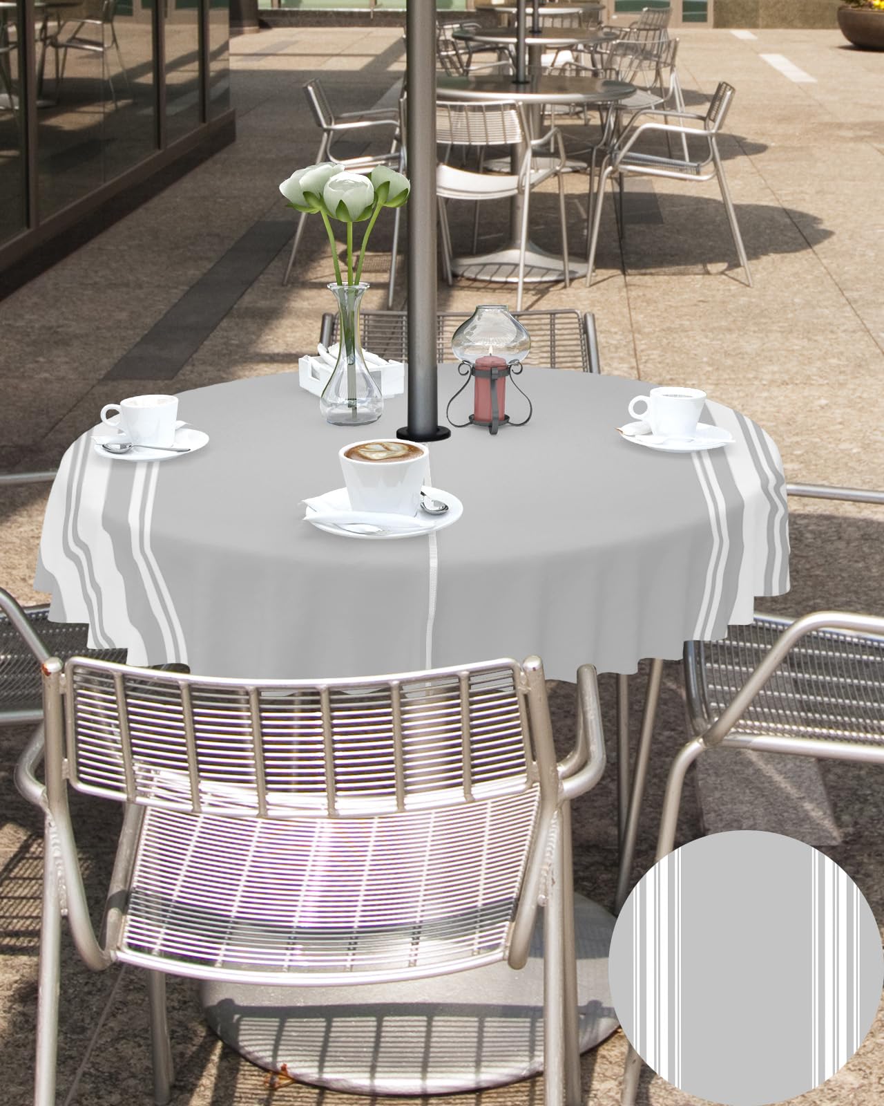 Queenker Outdoor Tablecloth With Umbrella Hole, Farmhouse Gray White Stripe Round Tables Waterproof Tabletop Collection For Pati