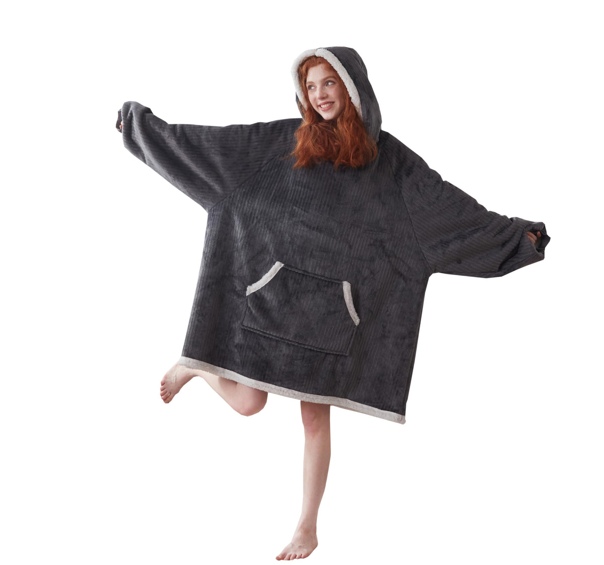 Coova Wearable Blanket Hoodie, Oversized Flannel&Sherpa Hooded For Women And Men, Cozy Sweatshirt With Giant Pocket, Stripe Grey