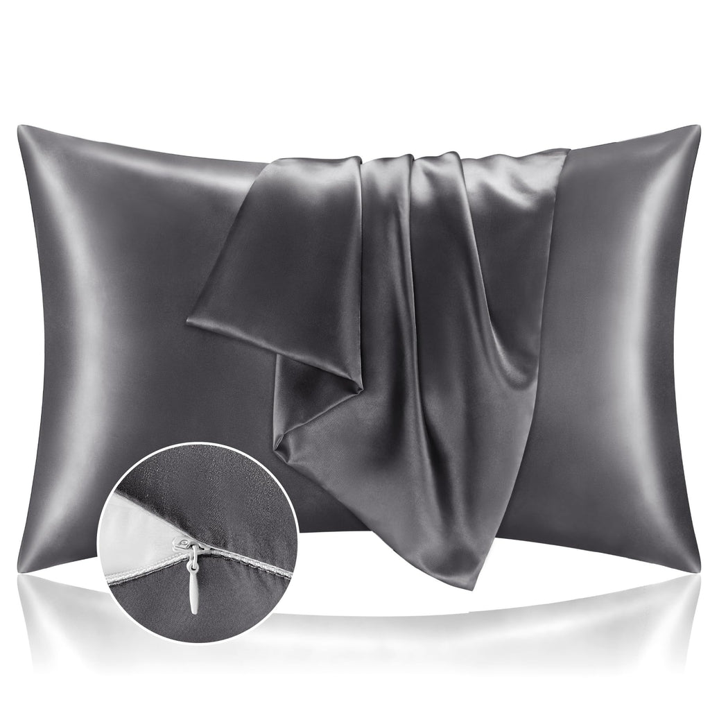 Bedelite Satin Pillowcase With Zipper, Dark Grey Pillow Cases Queen Size Set Of 2, Super Soft And Cooling Similar To Silk Pillow