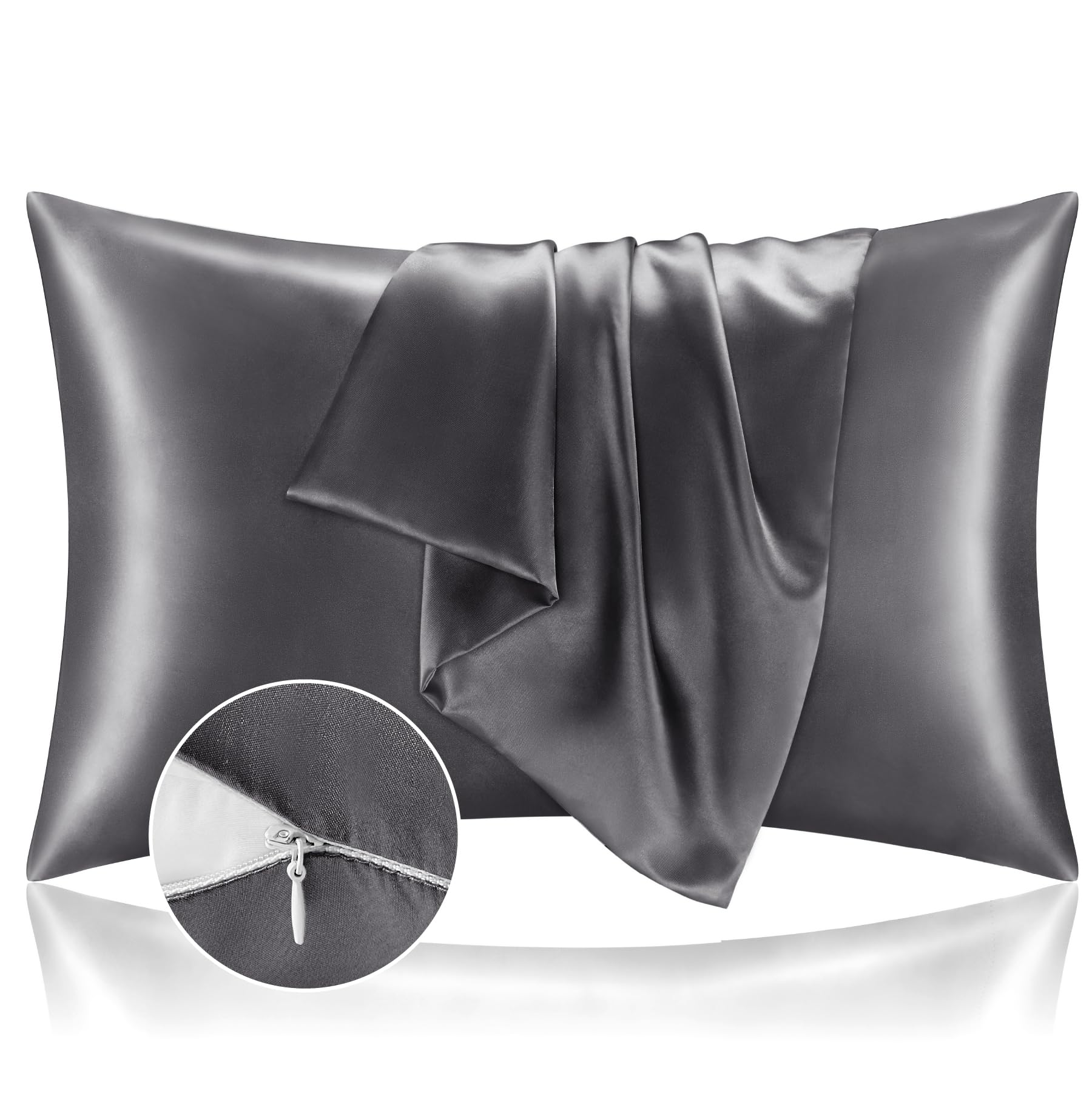 Bedelite Satin Pillowcase With Zipper 2 Pack, Dark Grey Pillow Cases Standard Size, Super Soft And Cooling Similar To Silk Pillo