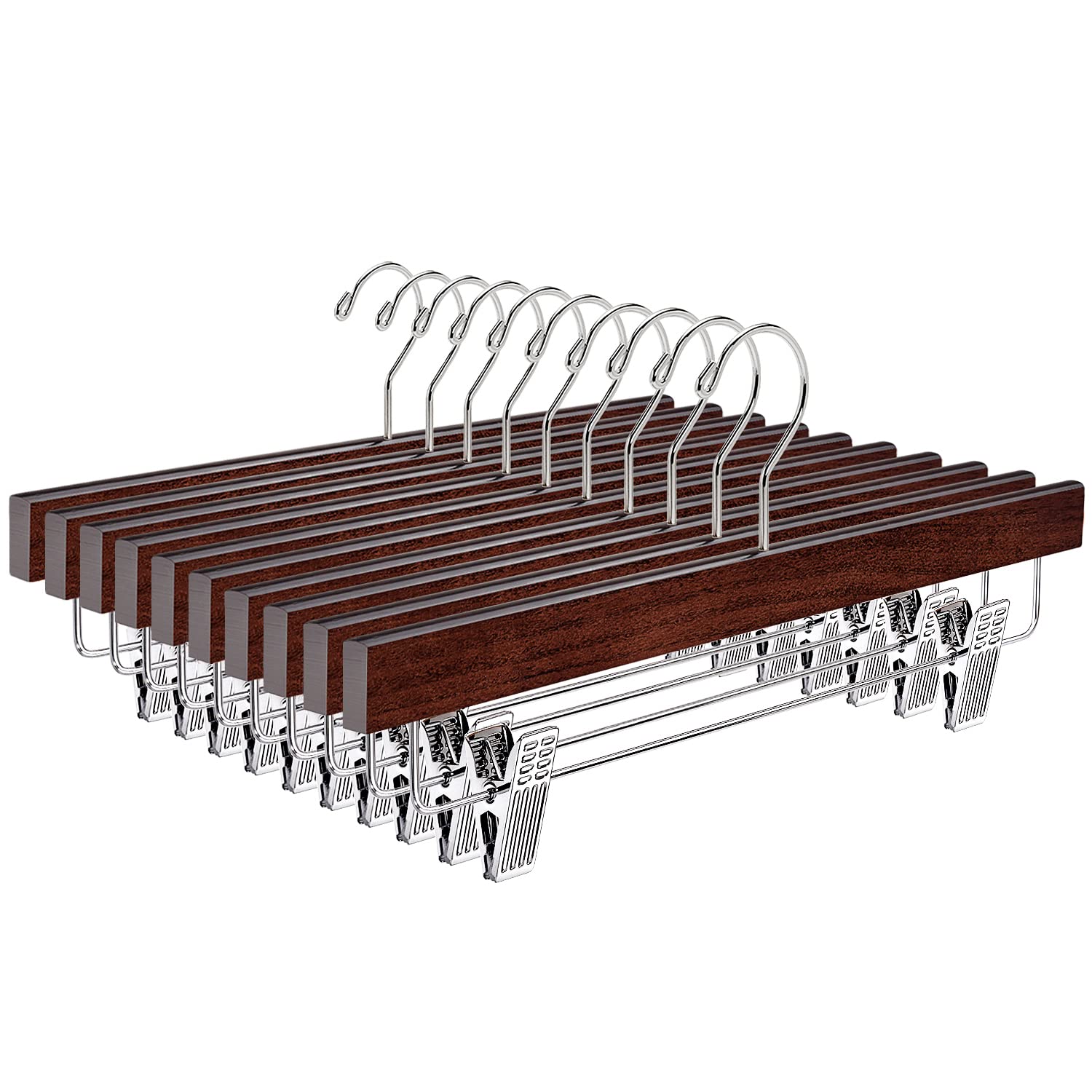 Amber Home 10 Pack Retro Wooden Pants Hangers with Clips, Walnut Wood Skirt Hangers Trouser Hangers for Jeans, Slacks, Shorts wi
