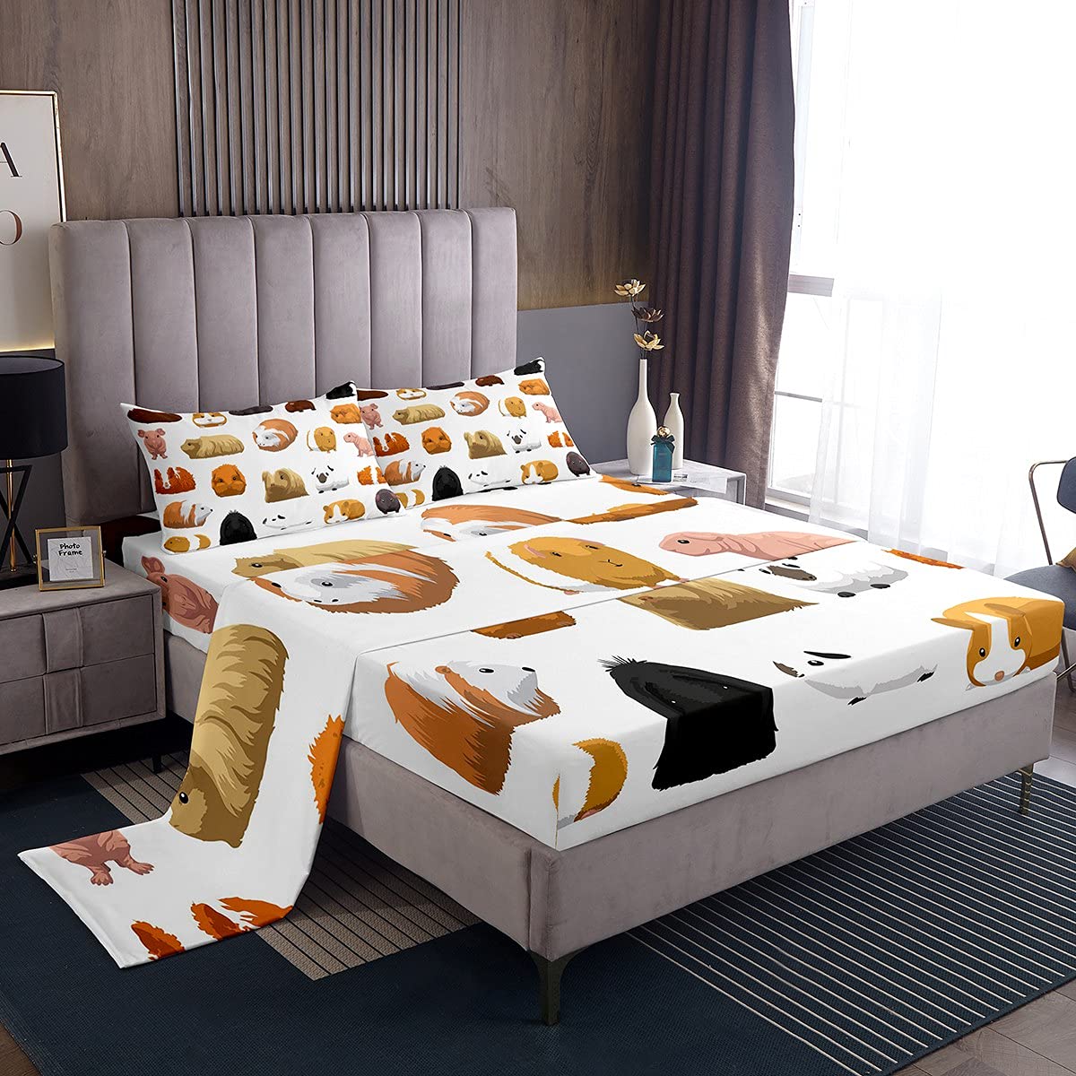 Feelyou Kids Sheet Set Twin Size Guinea Pig Bedding Set Cute Pet Pattern Sheets Set For Boys Girls Kawaii Pet Animal Theme Bed S