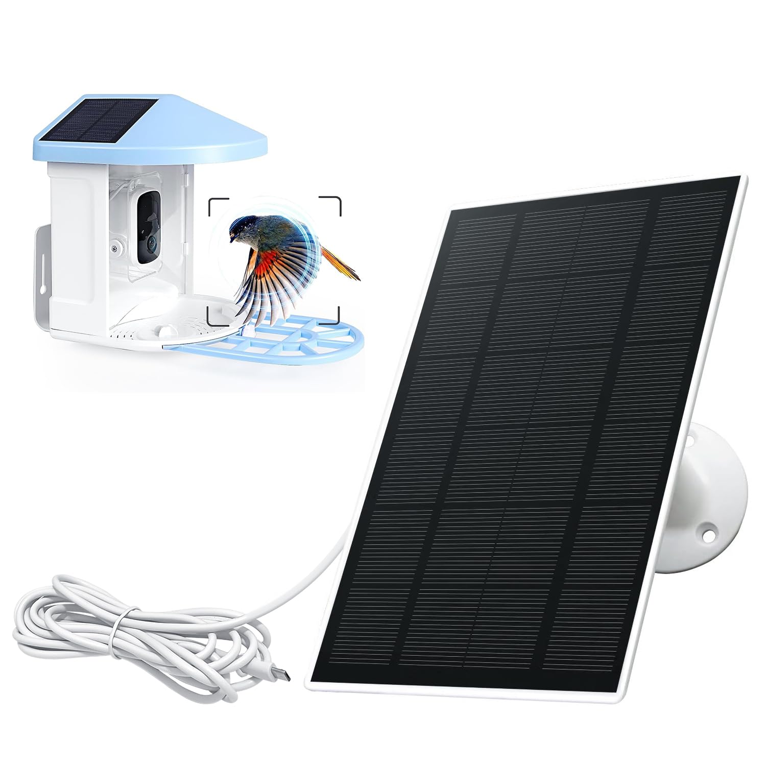 Solar Panel Charger For Bird Feeder Camera, Type-C Plug, 9.8Ft Long Cable, Waterproof