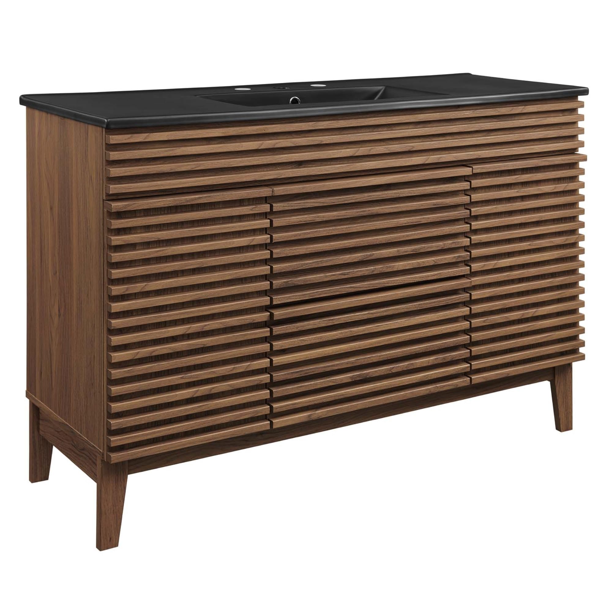 Ergode Vanity - 48'' Mid-Century Bathroom Vanity with Ample Storage, Walnut Grain Laminate, Ceramic Sink & Countertop. Elegant &
