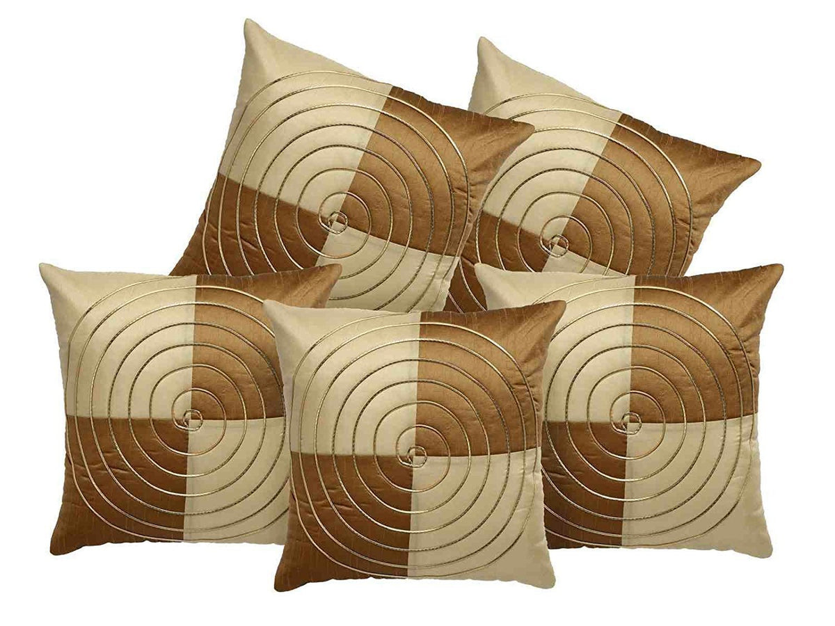 Msenterprises Round Striped Dupion Silk Cushion Covers | Gold | 16 X 16 Inch (40X40 Cm) | Set Of 5
