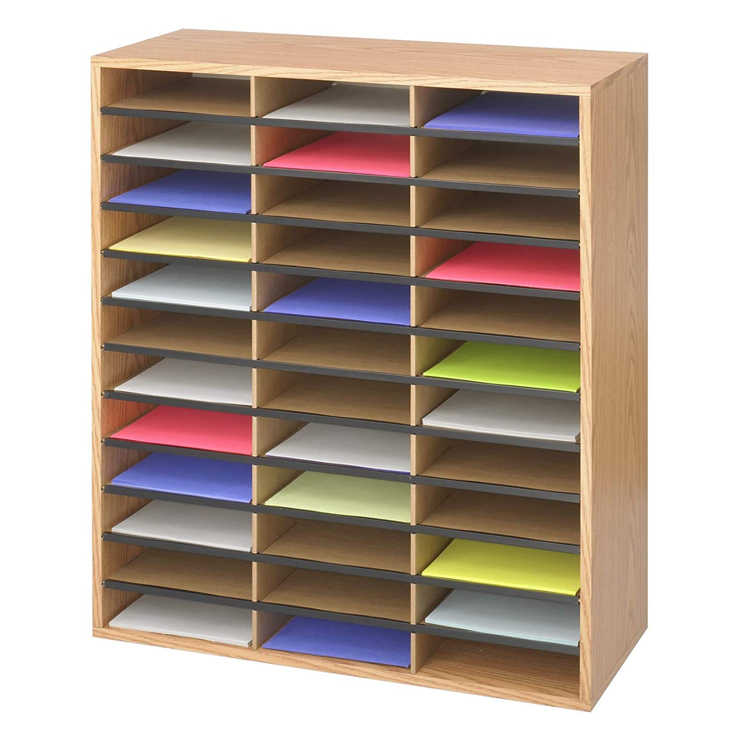 Safco Wooden Paper and Mail Organizer for Home Office and Classroom, 36 Letter-Size Compartments, Medium Oak