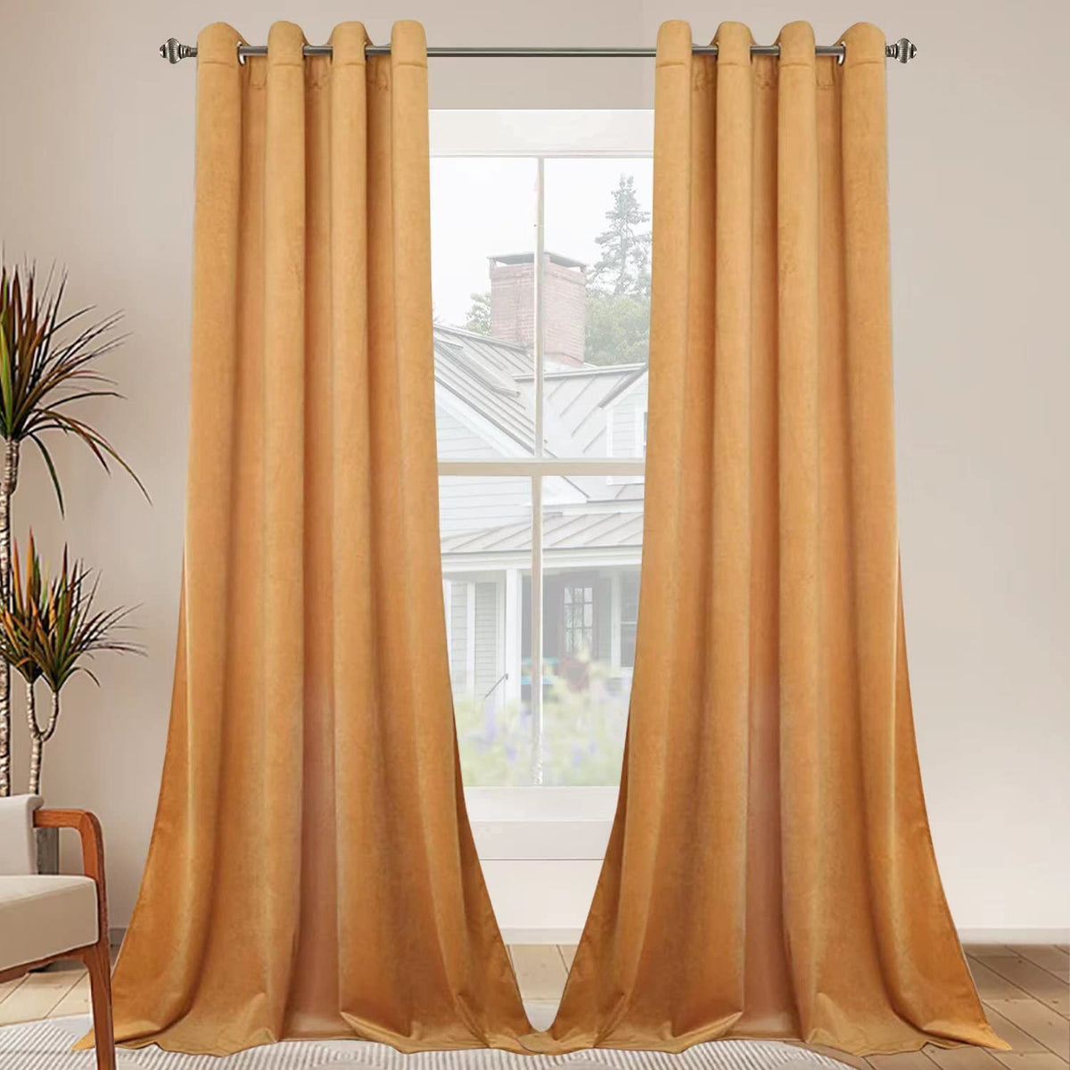 SMILETIME Yellow 120 in Long Velvet Curtains with Grommet, Thermal Insulated Super Soft Privacy Noise Reducing Light Blocking Ve