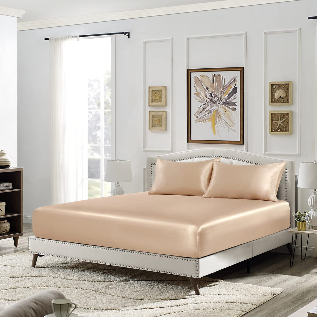 Siinvdabzx 3-Piece Set Satin King Fitted Sheet & 2 Pillowcase, Beige Silky Soft Fitted Bottom Sheet, Wrinkle Free, Fade Resistan