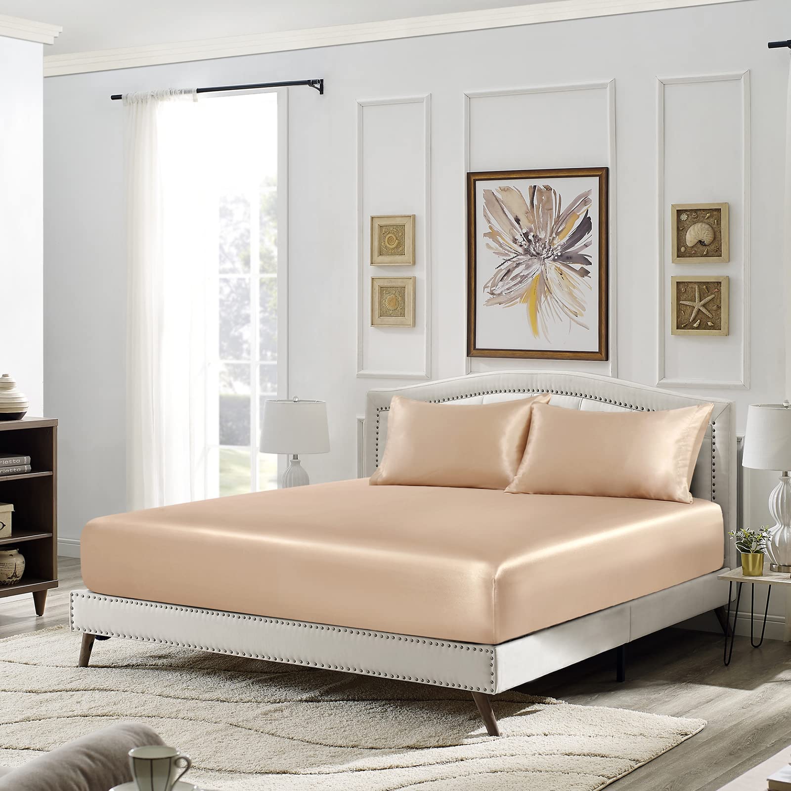 Siinvdabzx 3-Piece Set Satin Twin Fitted Sheet & 2 Pillowcase, Beige Silky Soft Fitted Bottom Sheet, Wrinkle Free, Fade Resistan