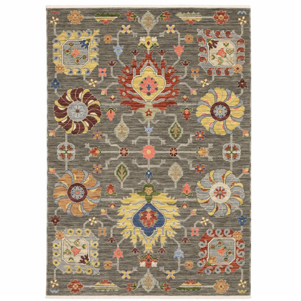 HomeRoots 509337 10 x 13 ft. Gray Charcoal Yellow Blue Rust Red Pink Green & Ivory Oriental Power Loom Stain Resistant Rectangle Area Rug with Fringe