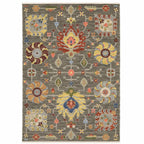 HomeRoots 509336 8 x 11 ft. Gray Charcoal Yellow Blue Rust Red Pink Green & Ivory Oriental Power Loom Stain Resistant Rectangle Area Rug with Fringe
