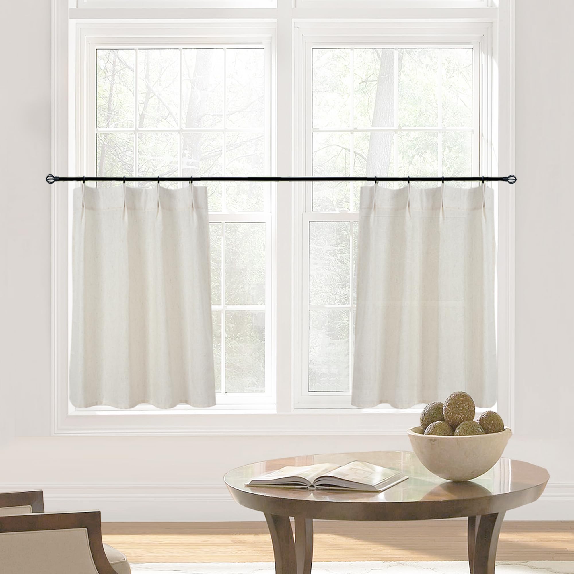 Kitchen Window Cafe Curtains 24 Inch Length Over Sink,Modern Farmhouse Style Boho Pinch Pleat Linen Sheer Tier Short Curtains Fo