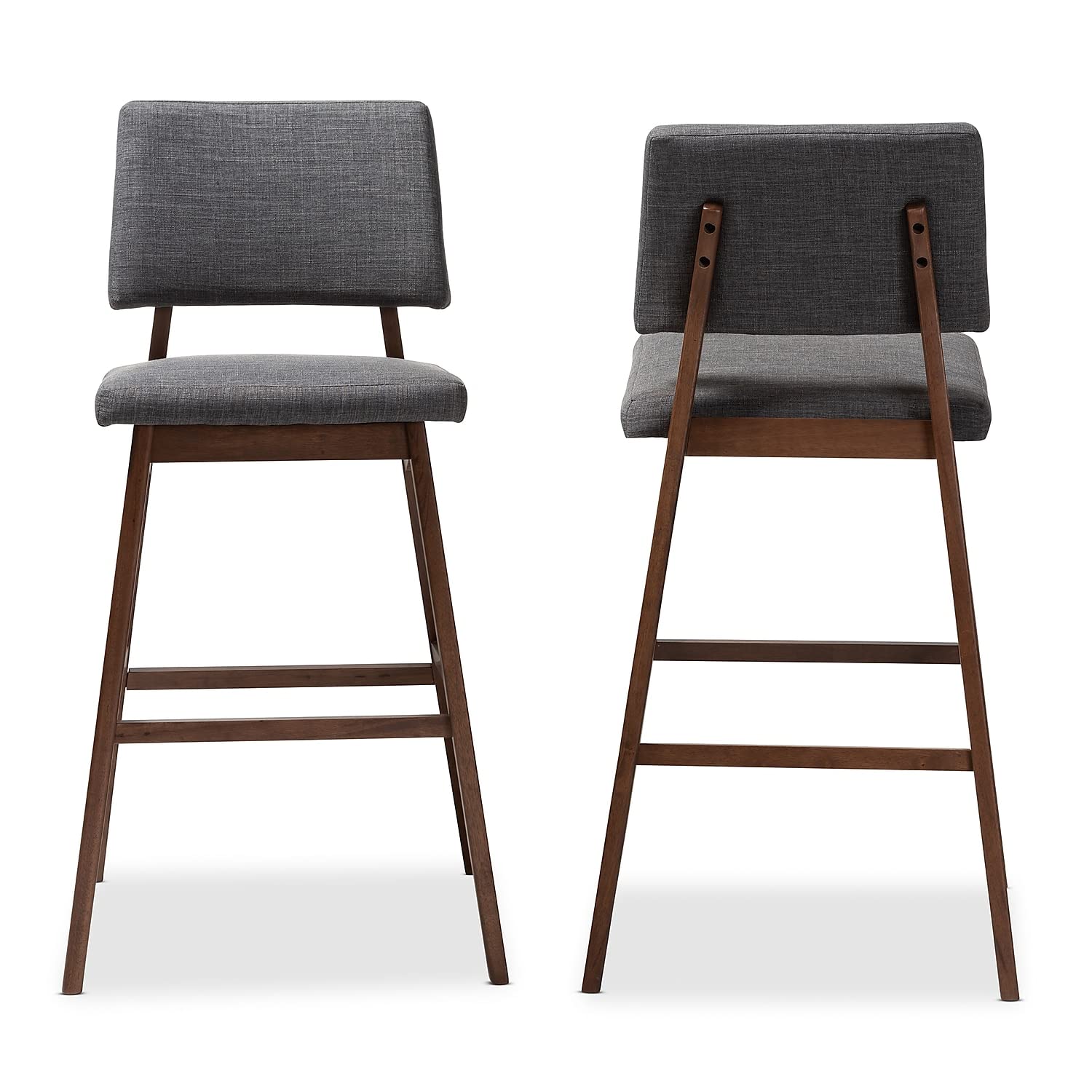 Baxton Studio Colton Mid-Century Modern Dark Gray Fabric Upholstered and Walnut-Finished Wood Bar Stool Set of 2