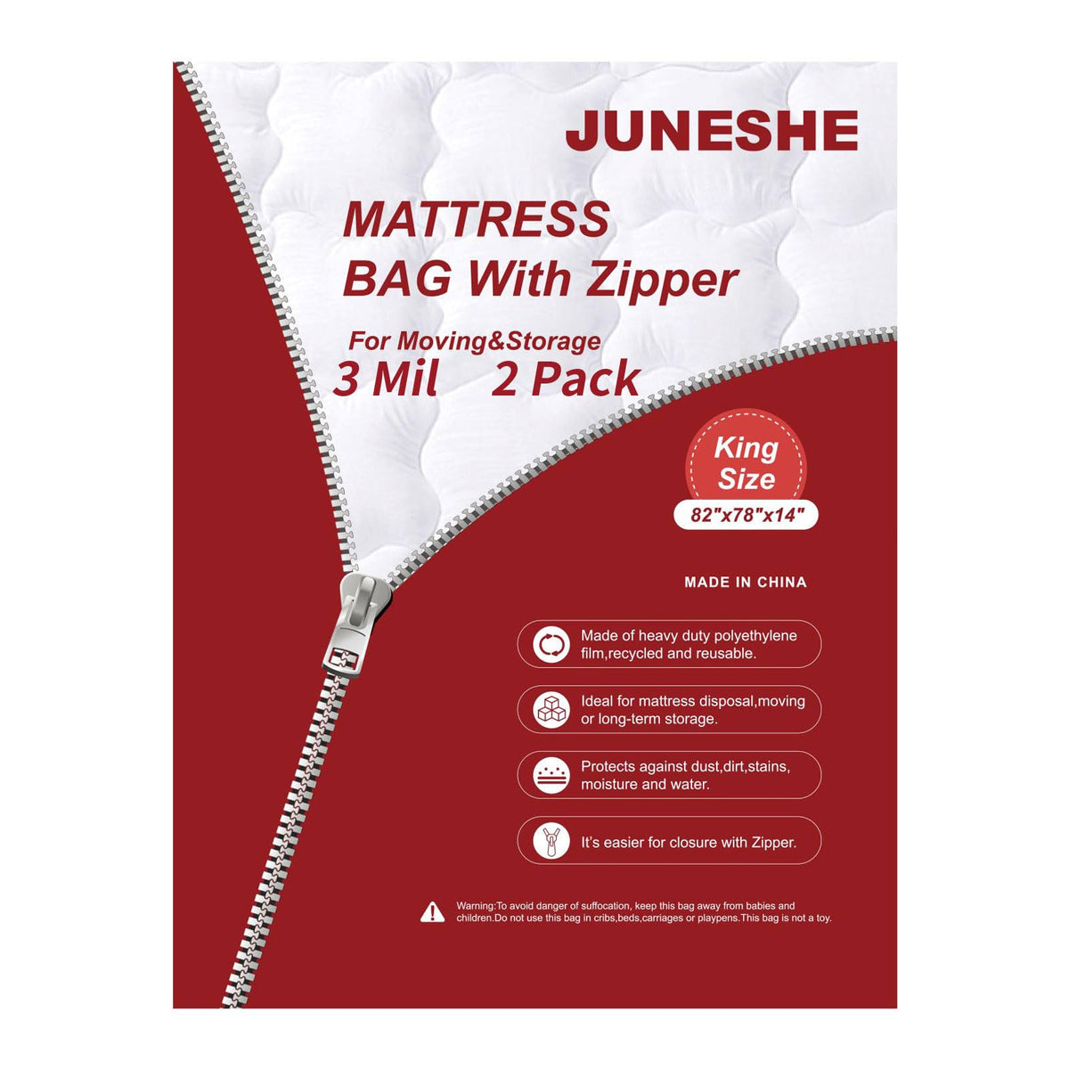 JUNESHE 2 Pack King Mattress Bags for Moving and Storage-3 Mil Zipper Plastic Waterproof Mattress Storage Bags