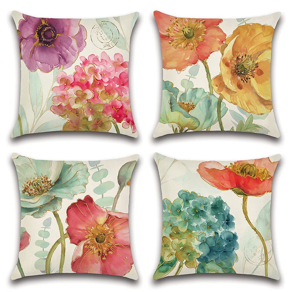 Artscope Set Of 4 Waterproof Throw Pillow Covers 16X16 Inches, Hydrangea And Lotus Pattern Decorative Cushion Covers, Perfect To Outdoor Patio Garden Living Room Sofa Farmhouse Decor