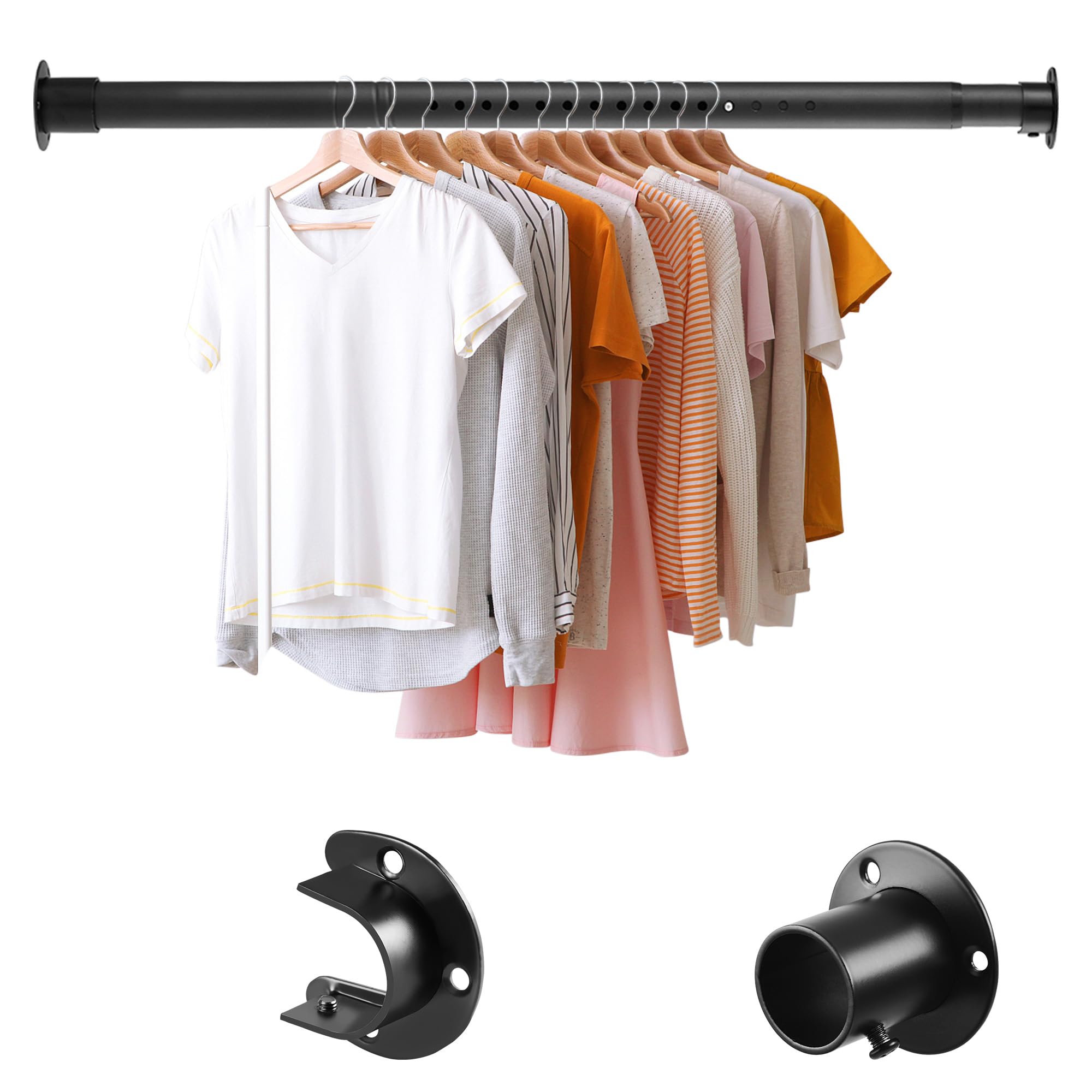 Closet Rod, 17 to 86 inches Adjustable Closet Rods for Hanging Clothes Heavy Duty Closet Hanging Rod Metal Black Rod for Closet,