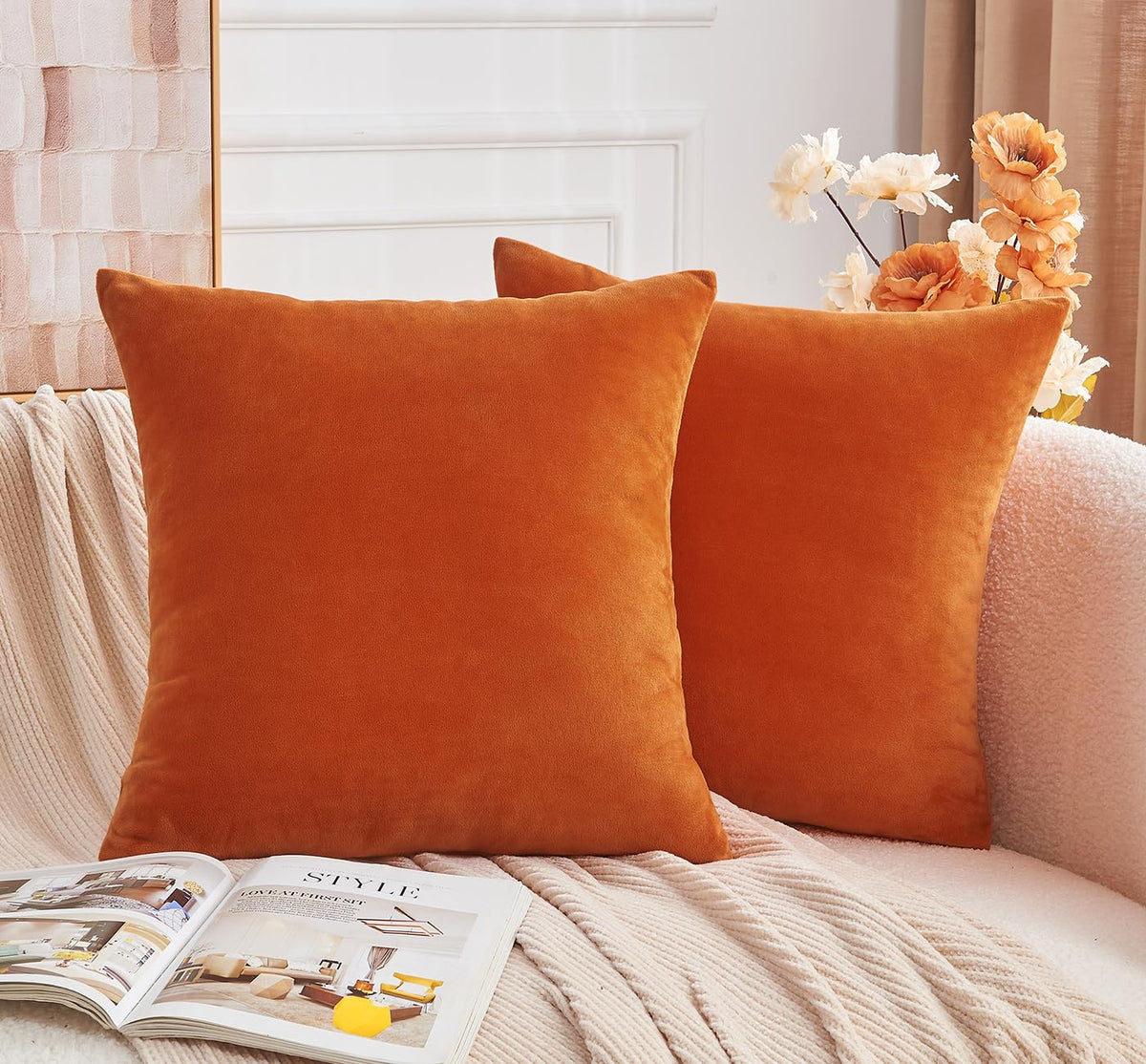 Grineed Throw Pillow Covers Burnt Orange Set Of 2 22X22 Inch Fall Pillow Covers, Soft Velvet Farmhouse Neutral Decorative Pillow