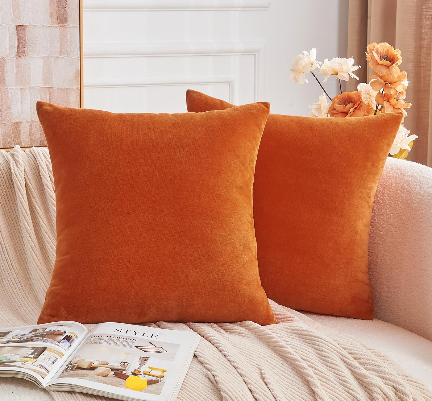 Grineed Throw Pillow Covers Burnt Orange Set Of 2 16X16 Inch Fall Pillow Covers, Soft Velvet Farmhouse Neutral Decorative Pillow