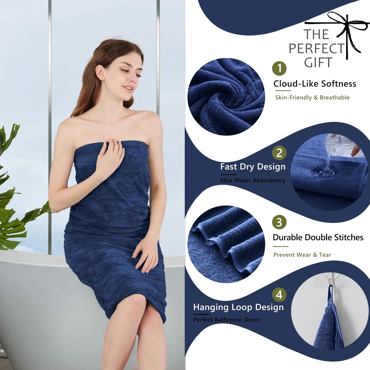 4 Piece Bath Towel Oversized Bath Sheet 35''X70'' Navy Bathroom Towel Extra Large Bath Towel Set Highly Absorbent Quick Dry Prem