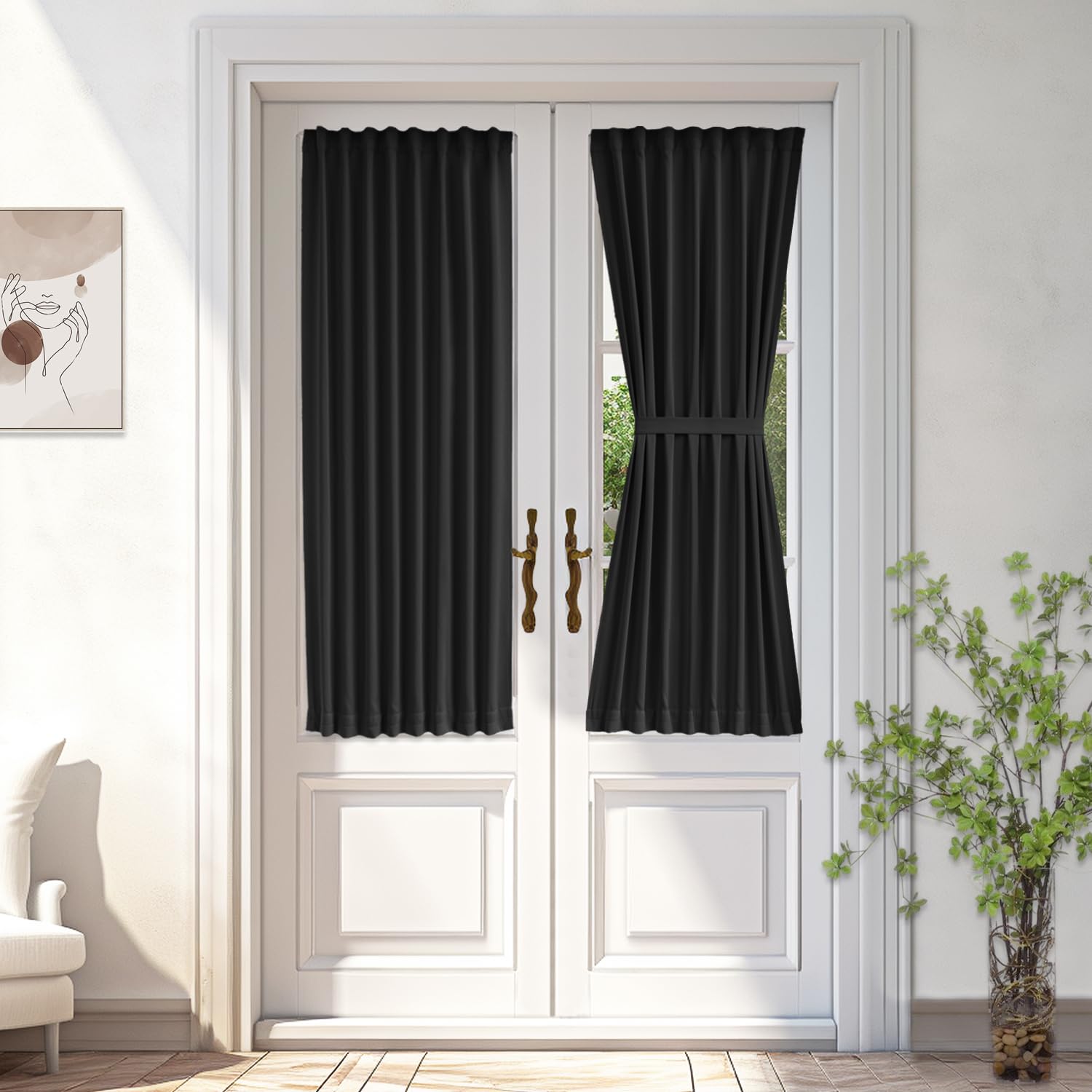 Vatge Front Door Curtains For Glass Window - Blackout Door Curtain Panel With Tieback For Living Room, 1 Panel, W25 X L54, Black