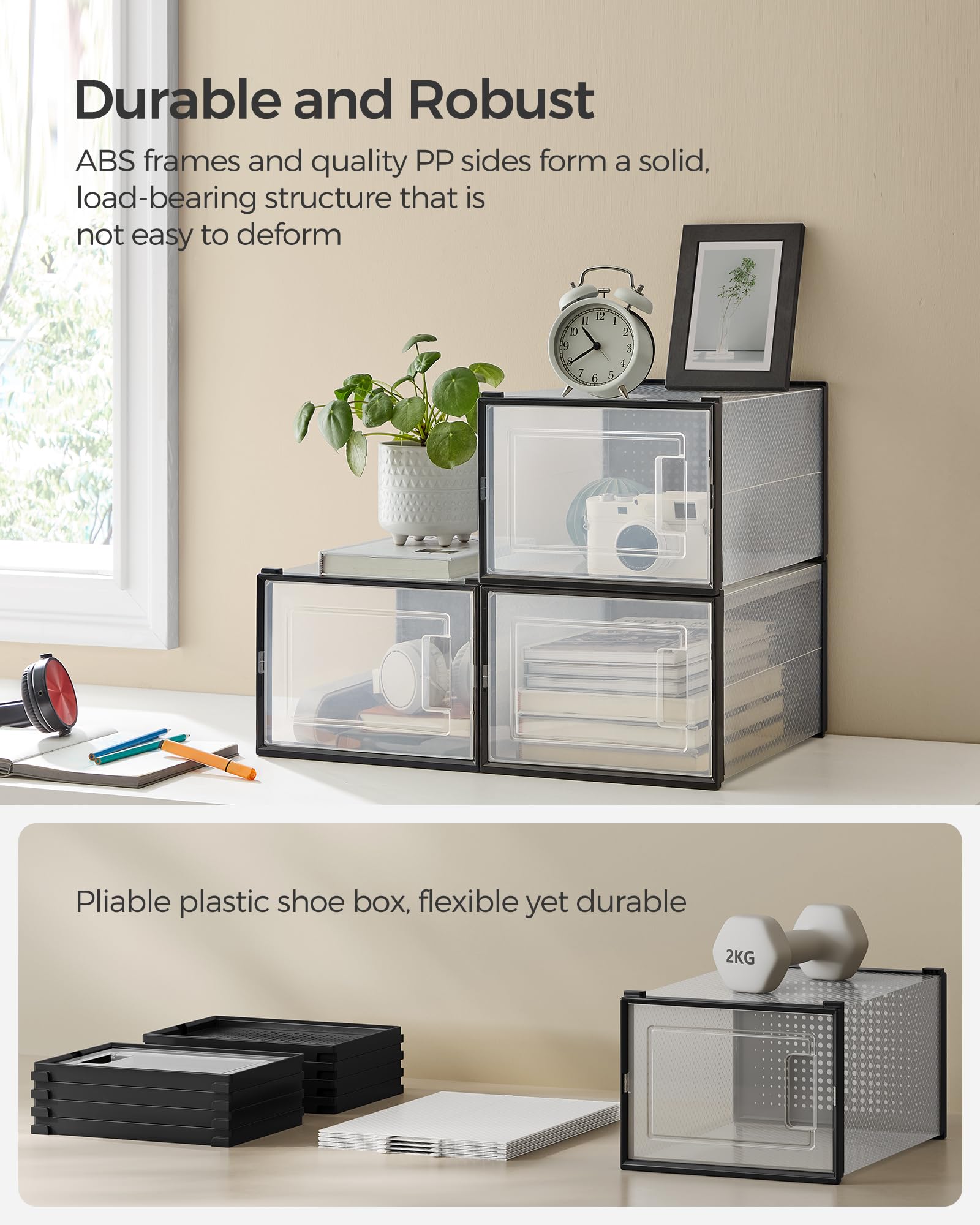 Songmics Shoe Boxes, Pack Of 12 Shoe Storage Organizers, Stackable Clear Plastic Boxes For Closet, Sneakers, 9.9 X 13.7 X 7.4 Inches, Fit Up To Us Size 13, Transparent And Black Ulsp007B12