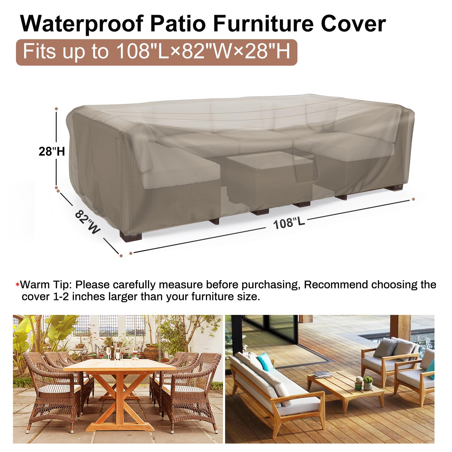 Mrrihand Heavy Duty Patio Furniture Covers, Outdoor Furniture Covers Waterproof Sectional Sofa Set , Patio Table And Chair Set Cover 108'L×82'W×28'H,Brown