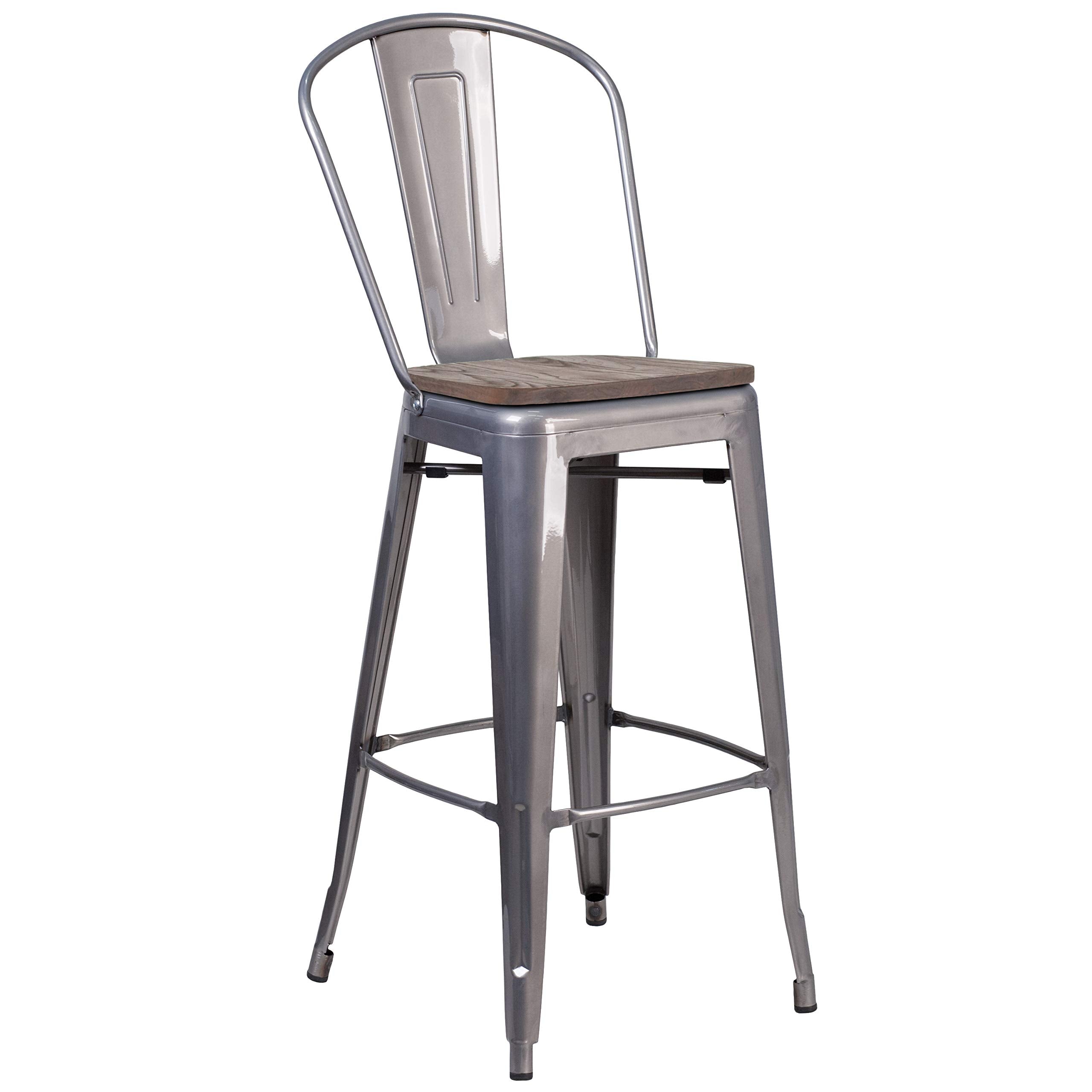 Flash Furniture Lincoln 30" High Clear Coated Barstool With Back And Wood Seat