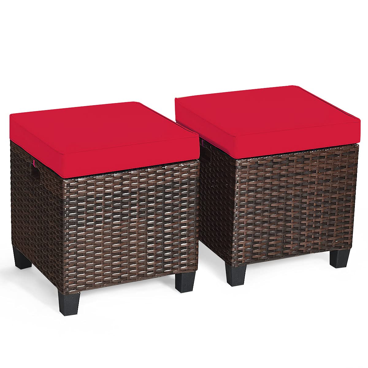 Happygrill 2-Pieces Patio Ottoman Set Outdoor Rattan Wicker Ottoman Seat With Removable Cushions Patio Furniture Footstool Footrest Seat