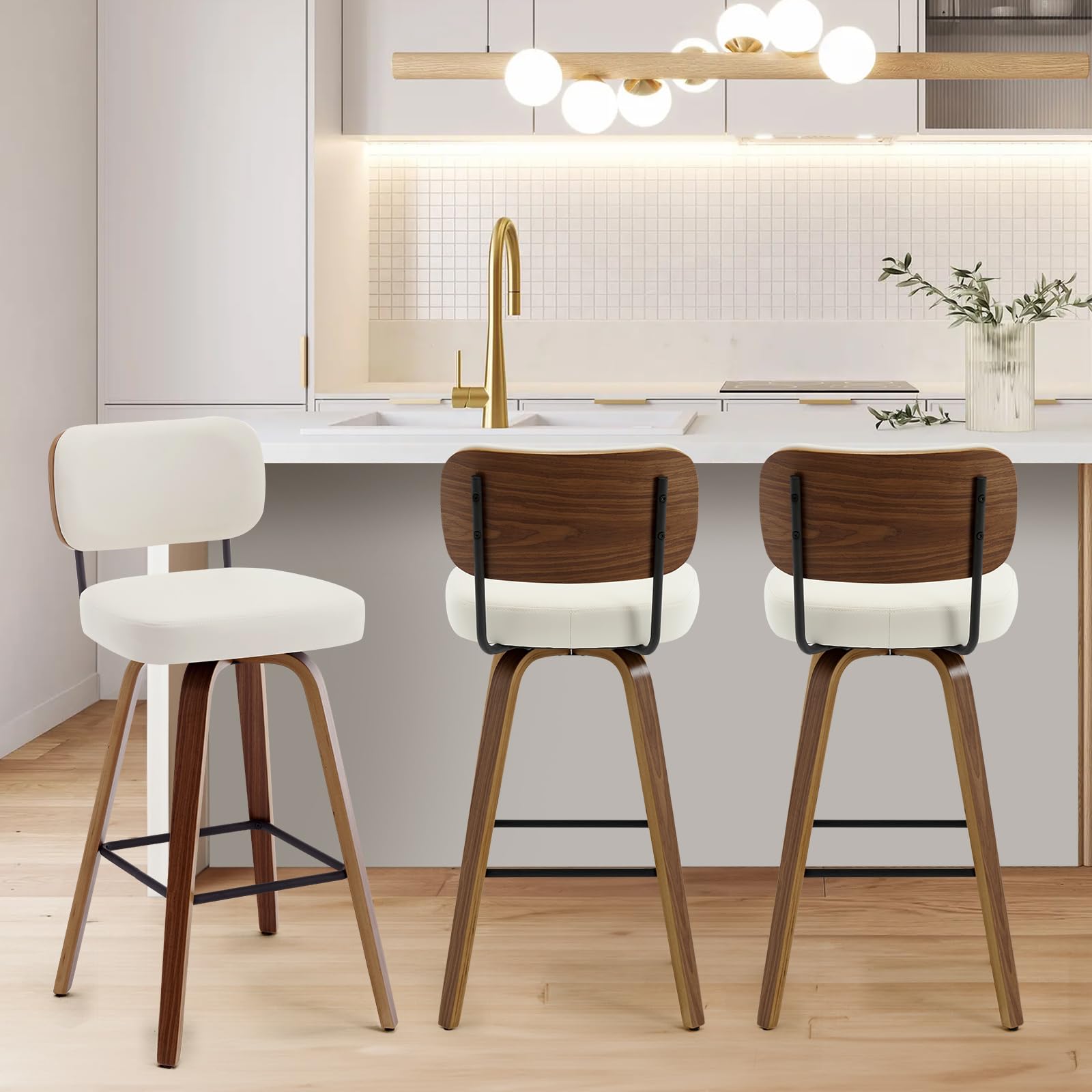 Bekrvio Swivel Bar Stools Set Of 3, 29' Upholstered Faux Leather Barstools With Back And Bent Wood Legs, Mid Century Modern Bar Chair Island Stool For Kitchen Counter, Cream White