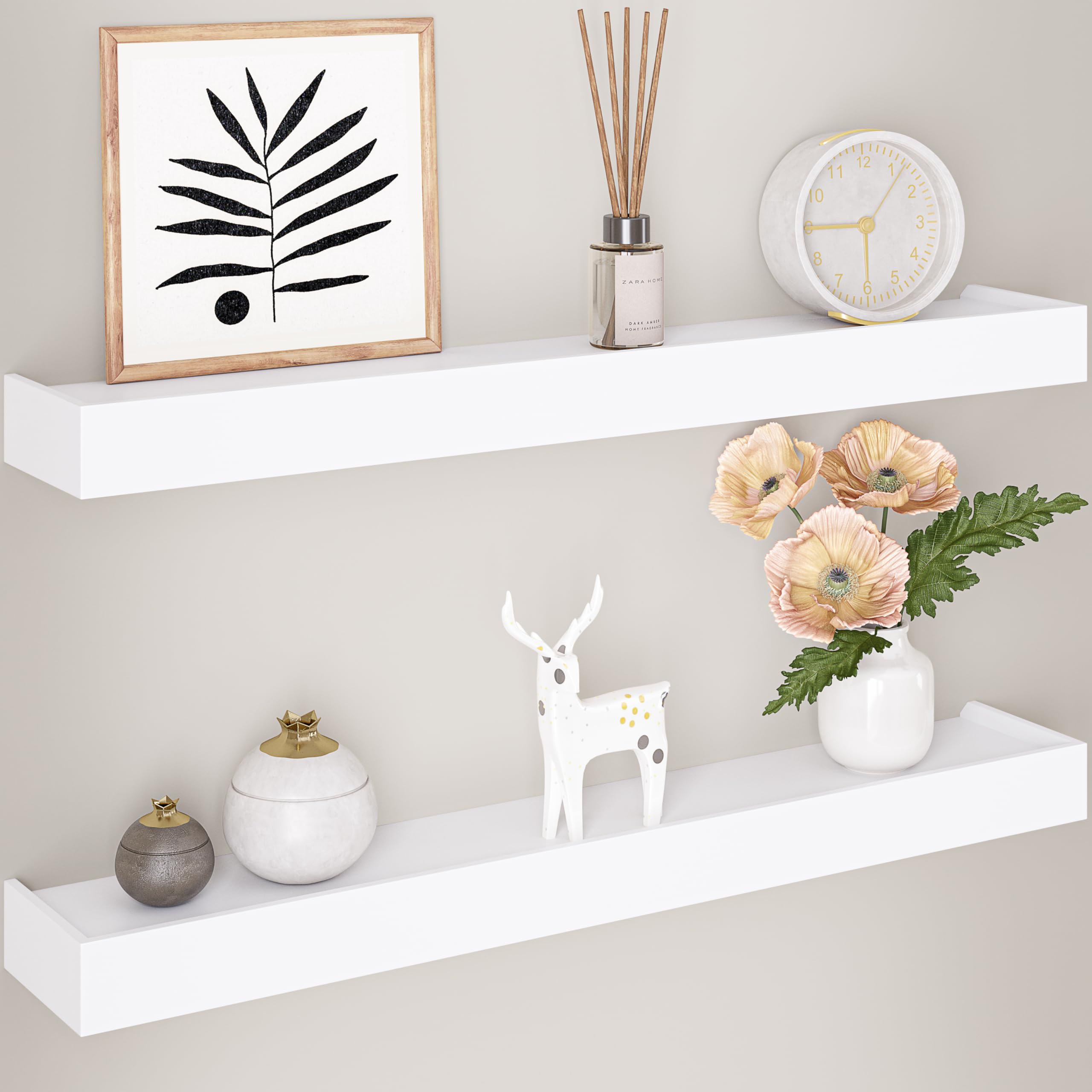 Ballucci Modern Floating Shelves 24, Set of 2 Wood Wall Mount Ledges for Nursery, Living Room, Bathroom, Kitchen, Office, White