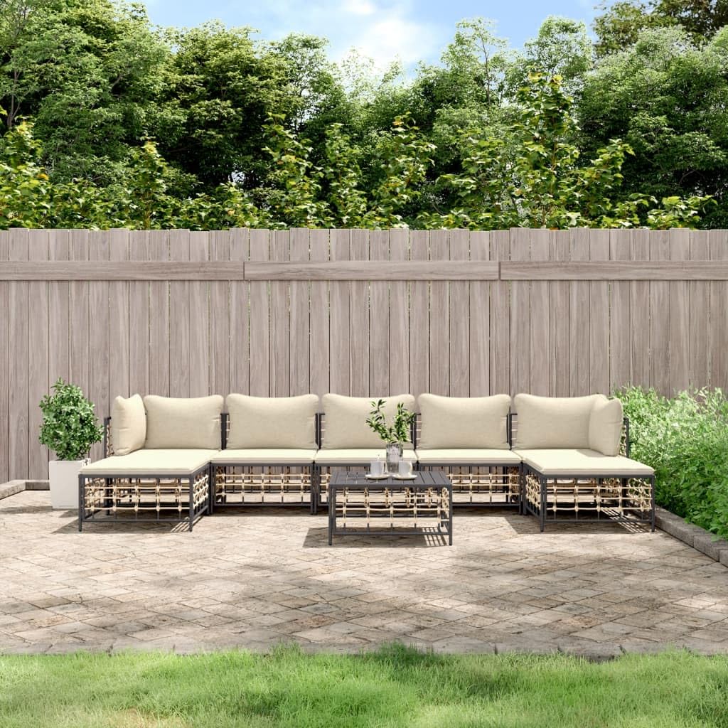 vidaXL 8 Piece Patio Lounge Set - Anthracite/Beige Poly Rattan & Steel Outdoor Furniture - Weather-Resistant, Comfortable, Modular Design - Includes Corner Sofa, Middle Sofa, Footstool & Table