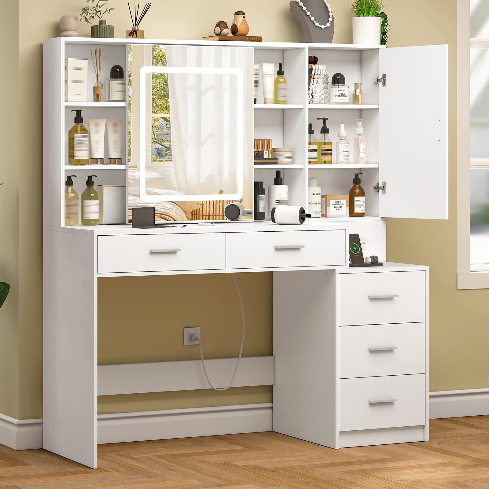Quimoo Vanity Desk with Lighted Mirror and Power Outlet, Makeup Vanity Desk with 5 Drawers and Cabinet, Hidden and Open Shelves,