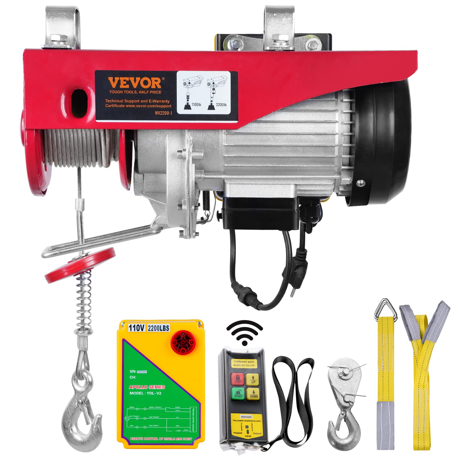 VEVOR 2200lbs Electric Hoist with Wireless Remote Control,110v Electric Hoist with Remote Control, 40ft/20ft Lifting Height & Pu