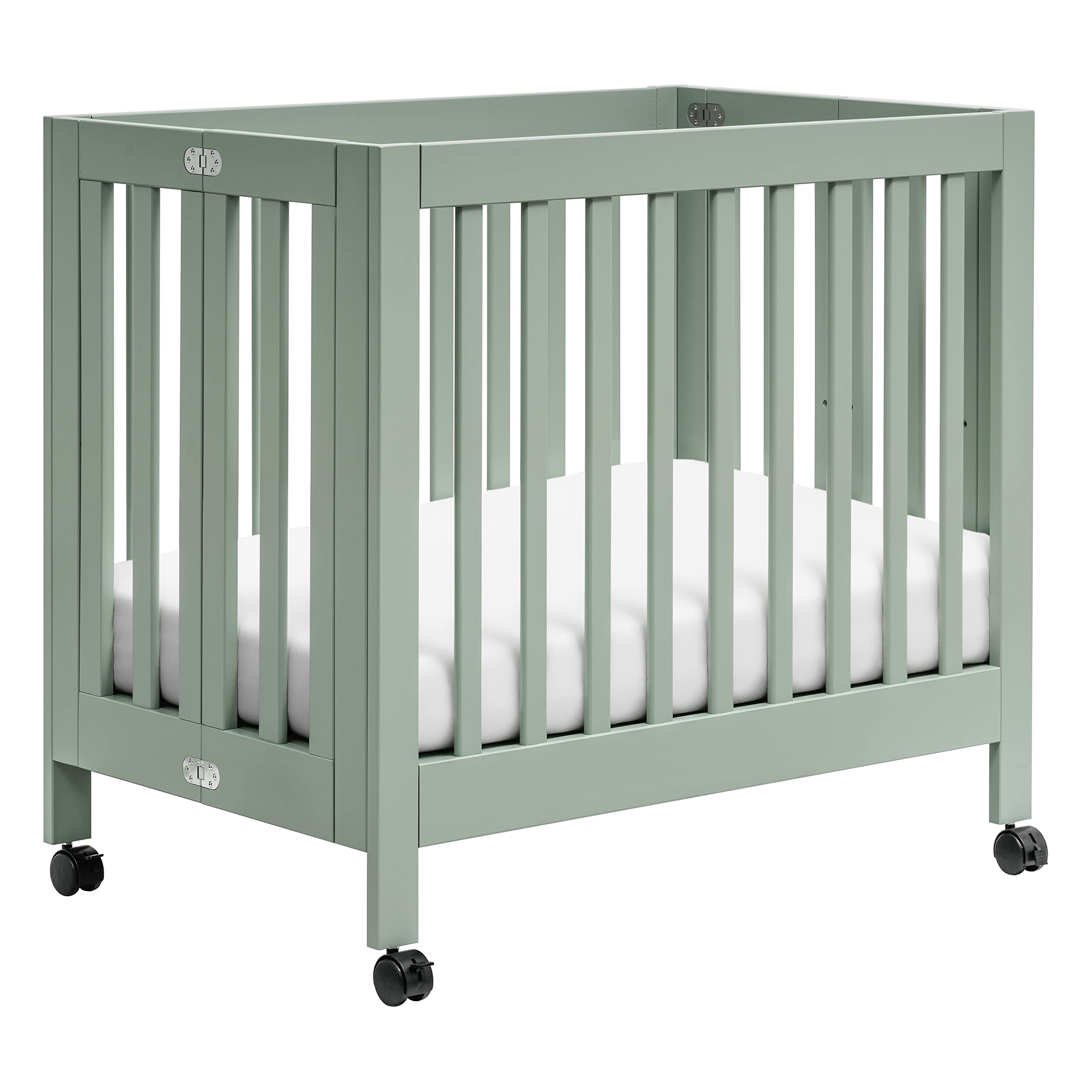 Babyletto Origami Mini Portable Crib Folding with Wheels in Light Sage, 2 Adjustable Mattress Positions, Greenguard Gold Certifi