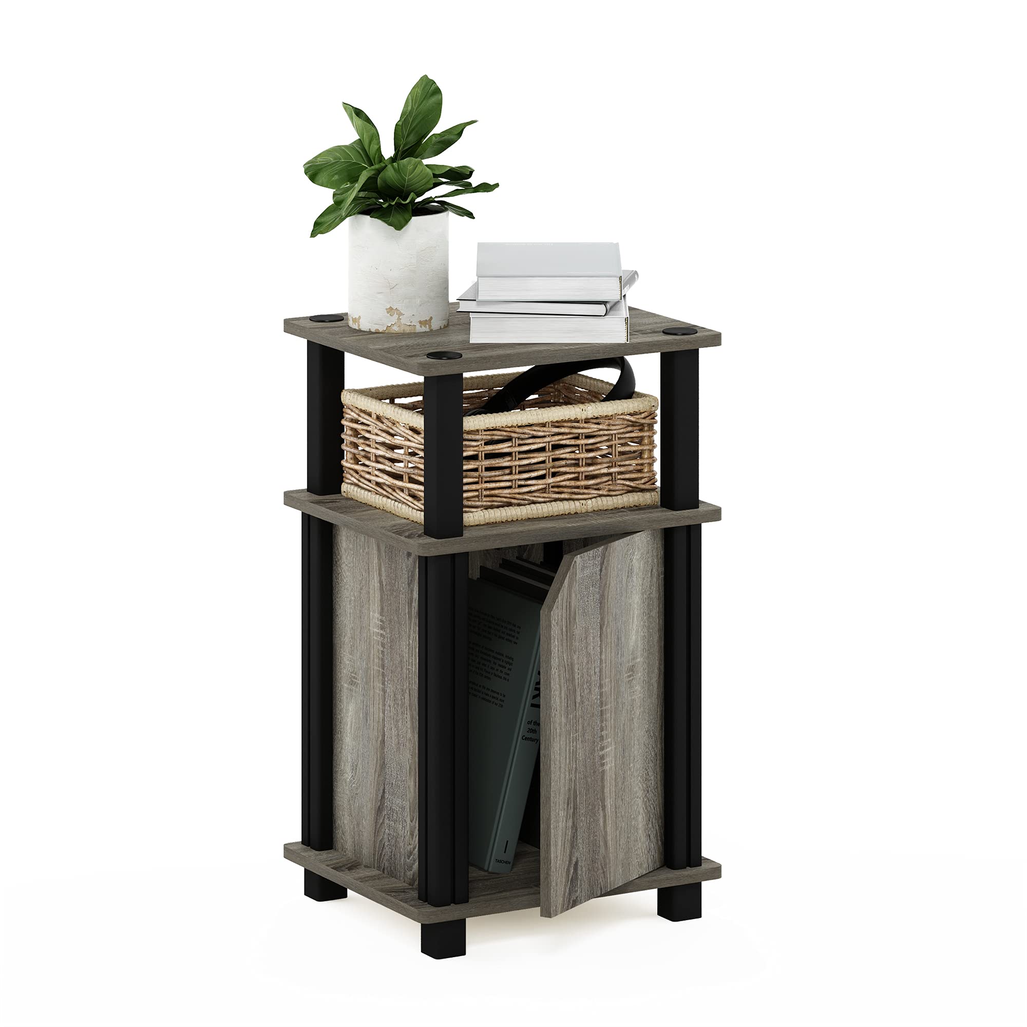 Furinno Brahms 3-Tier End Side Sofa Table/Nighstand with Door, 1-Pack, French Oak/Black