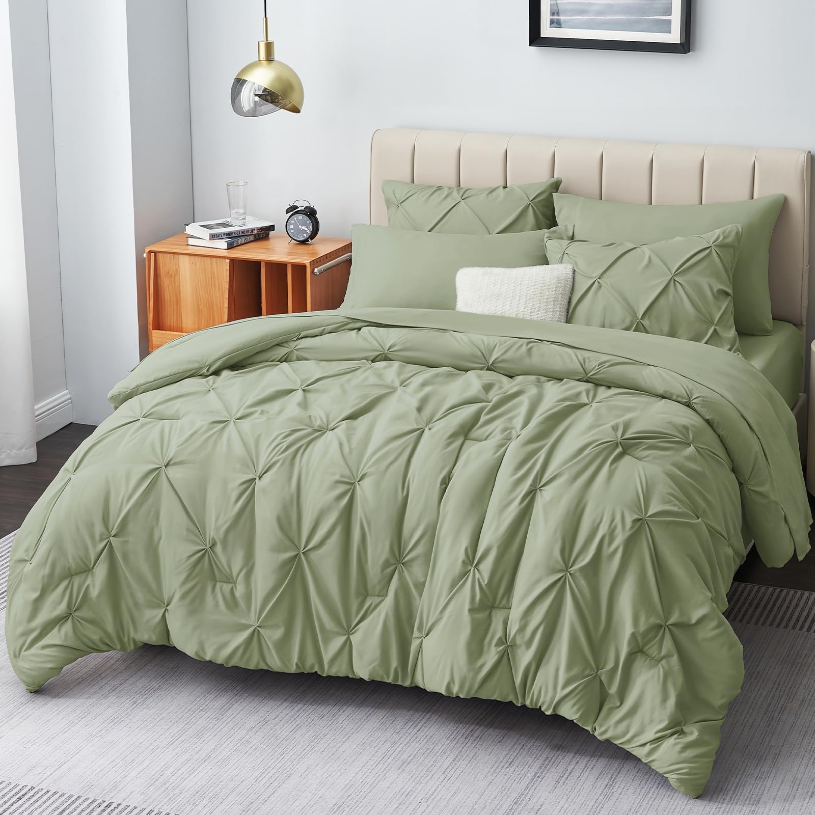 Cozylux Queen Comforter Set - 7 Pieces Comforters Queen Size Sage Green, Pintuck Bed In A Bag Pinch Pleat Bedding Sets With All