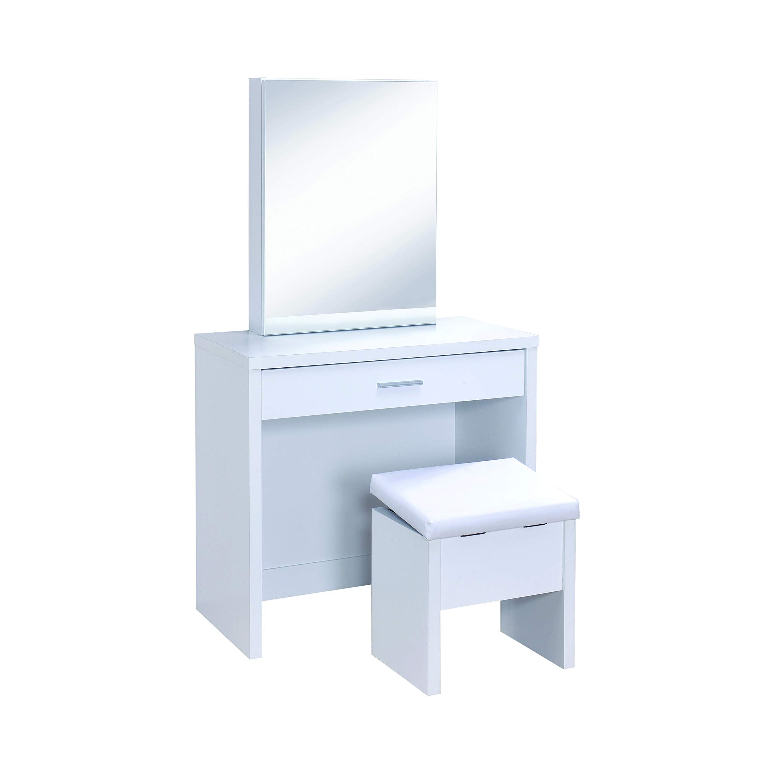 Coaster Home Furnishings Harvey Contemporary 3-Piece 1-Drawer Makeup Vanity Desk With Jewelry Storage Vanity Mirror And White Faux Leather Upholstered Storage Vanity Stool White 300290