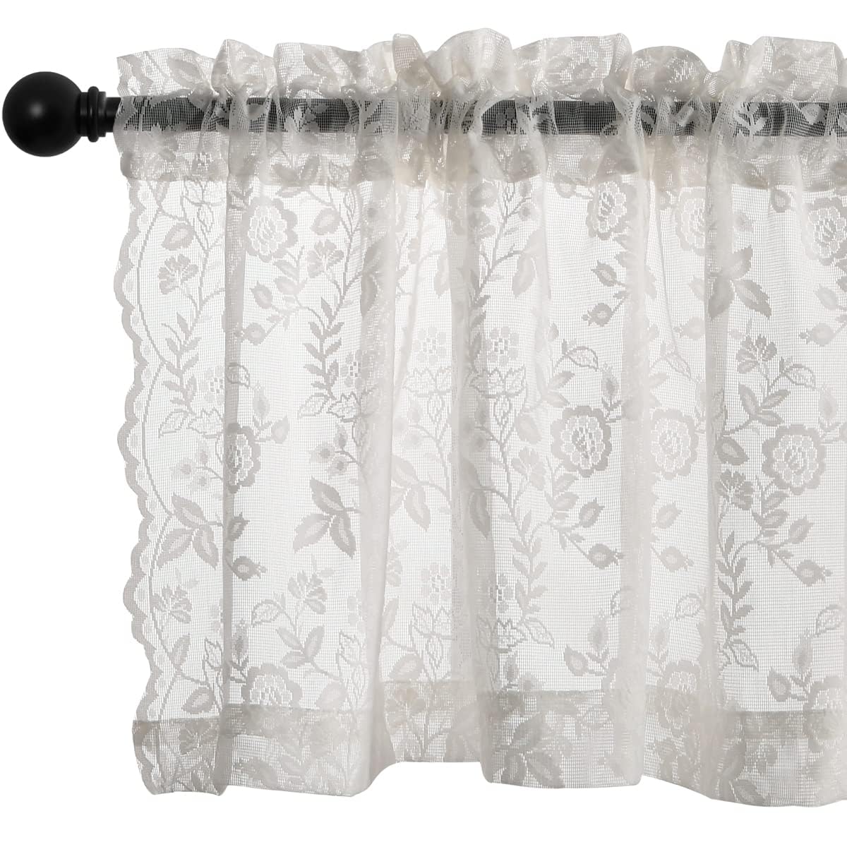 Finecity Vintage Lace Cafe Curtain Panel For Kitchen, Country Rustic Floral Embroidered Sheer Lace Valance Curtain 18 Inch Lengt
