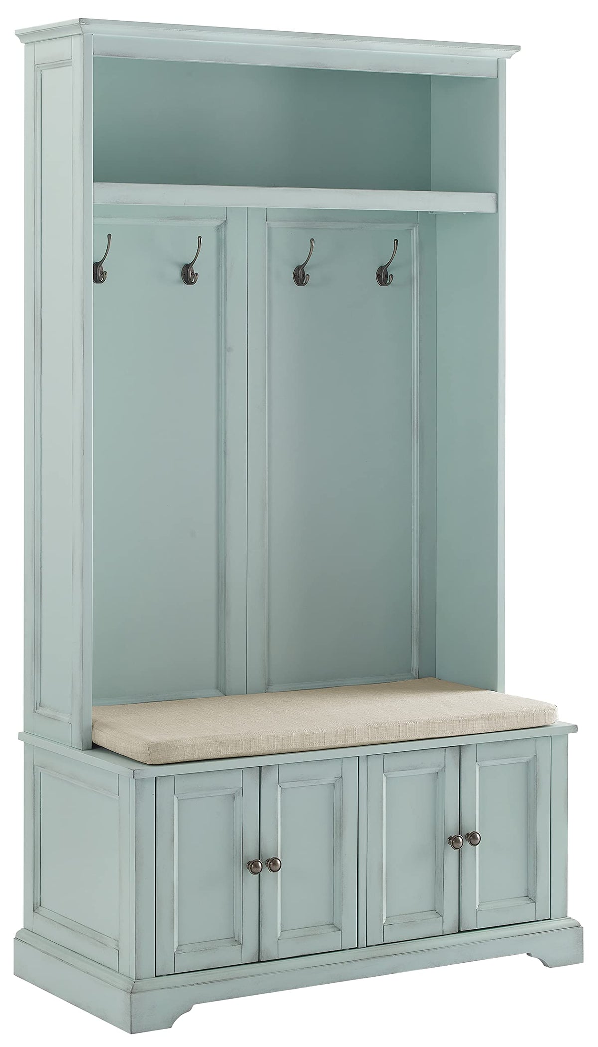 Crosley Furniture Holbrook Hall Tree with Shoe Rack Bench and Coat Hooks for Hanging Storage, Distressed Seafoam Blue