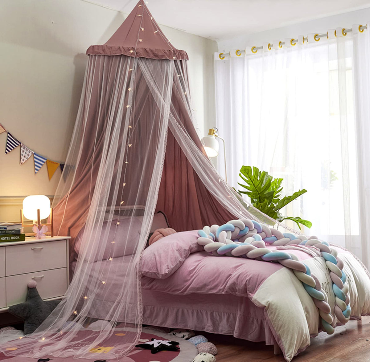Vethin Bed Canopy For Kids With Lights,Double Layer Princess Round Dome Children Dreamy Mosquito Net Bedding Girls Room Castle P