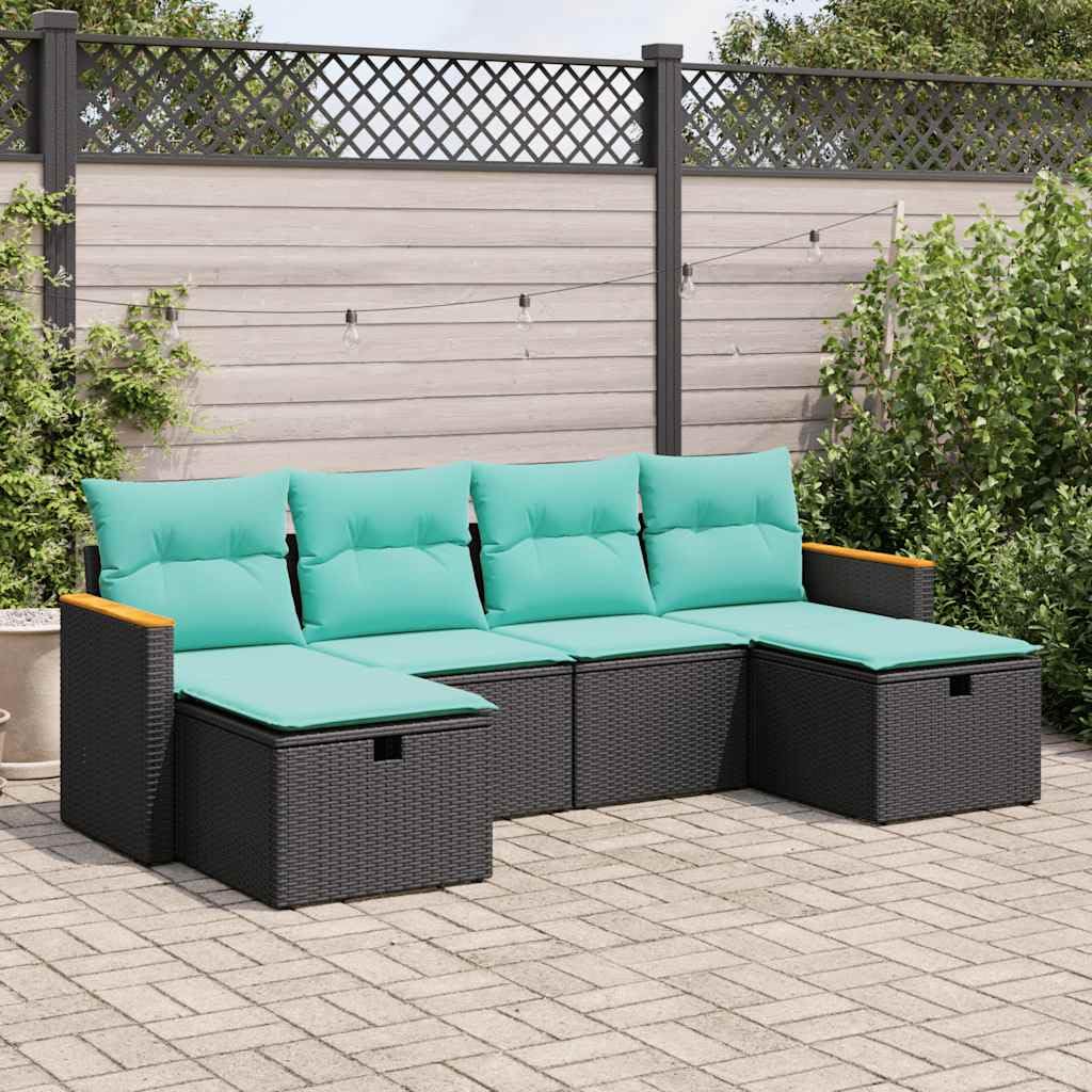 vidaXL 6-Piece Patio Sofa Set-Black Rattan/Steel - Outdoor Garden Terrace/Deck - Storage Seats - Blue Cushions