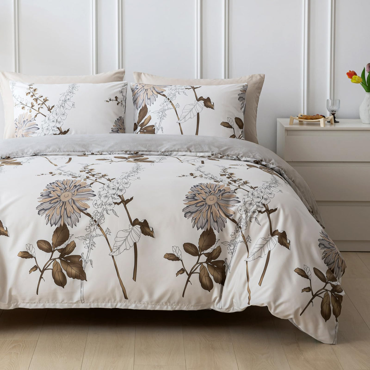 Lekesky Duvet Cover Queen Size, Reversible Dahlia Floral Duvet Cover Set, Soft Microfiber Off White Bedding Duvet Cover Sets Wit