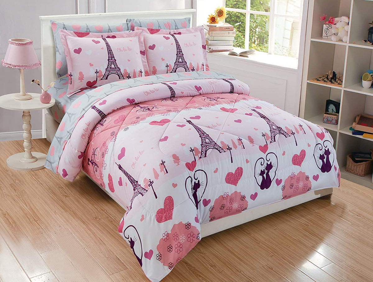 Fancy Linen Teens/Girls Comforter Set Paris Eiffel Tower Hearts Pink Grey New # Paris (Queen)