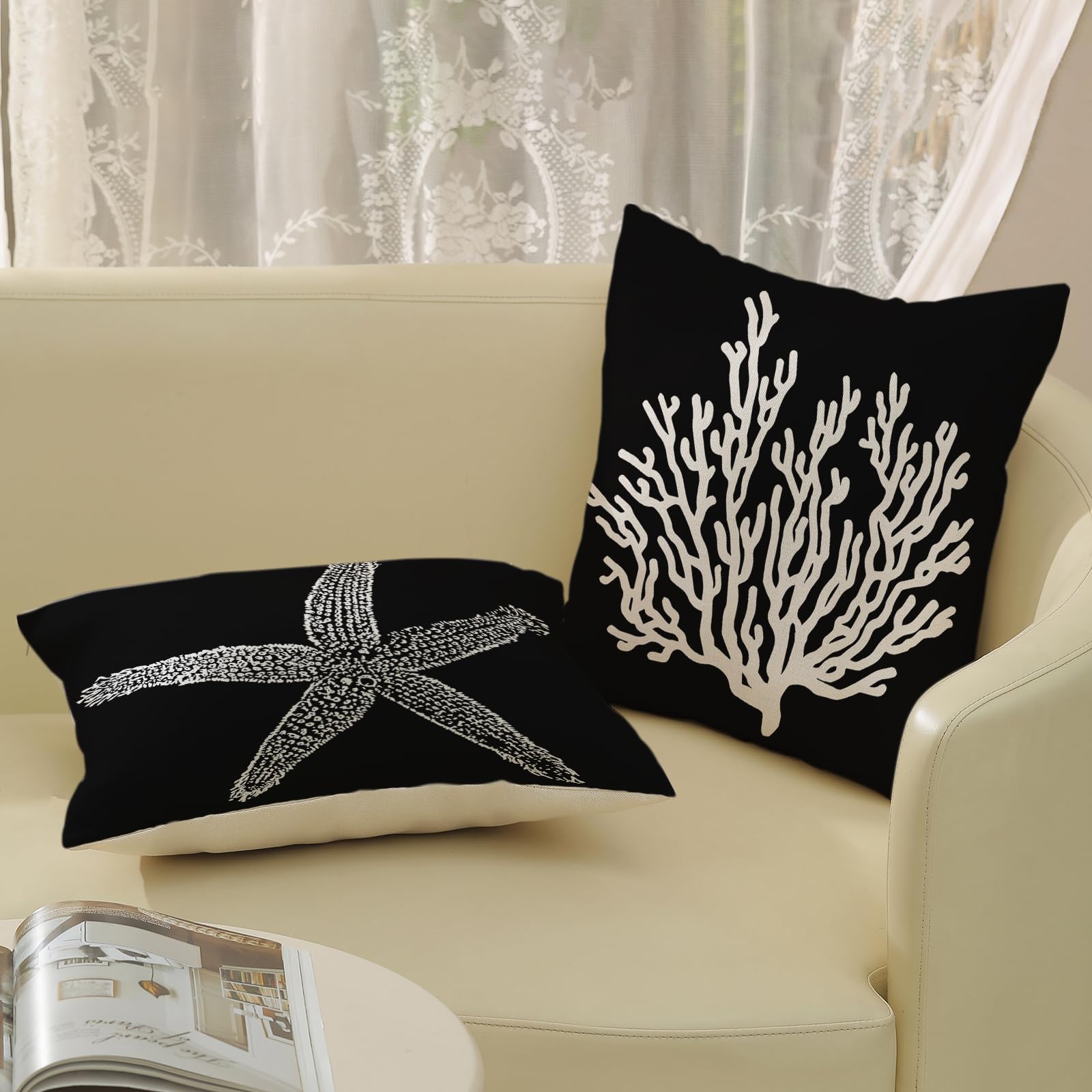 Golianda Coastal Pillow Covers 18X18 Set Of 2 Black Starfish Throw Pillows Nautical Ocean Decorations Summer Beach Coral Pillowc
