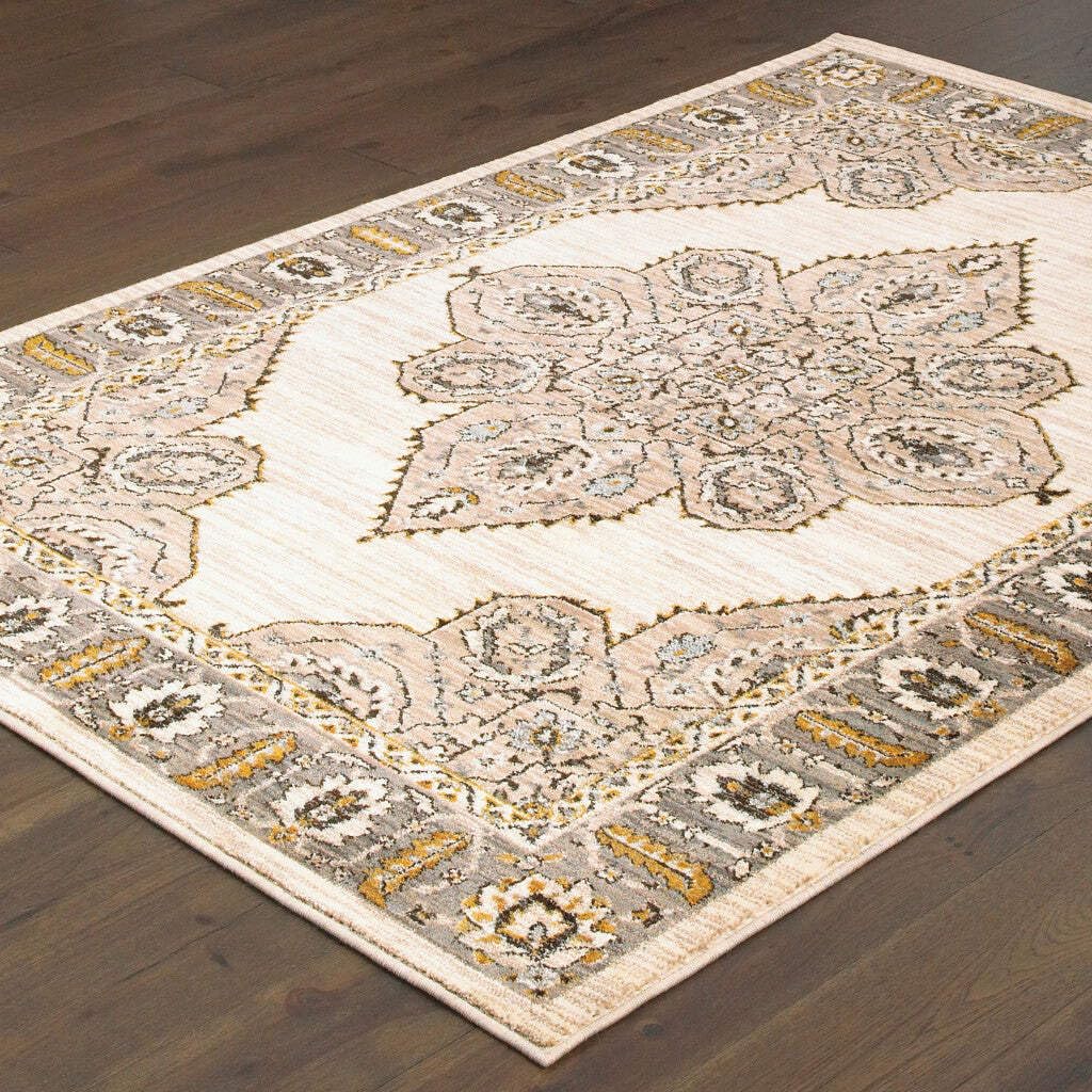 HomeRoots 510787 10 x 13 ft. Ivory Gold Gray & Blue Oriental Power Loom Stain Resistant Rectangle Area Rug